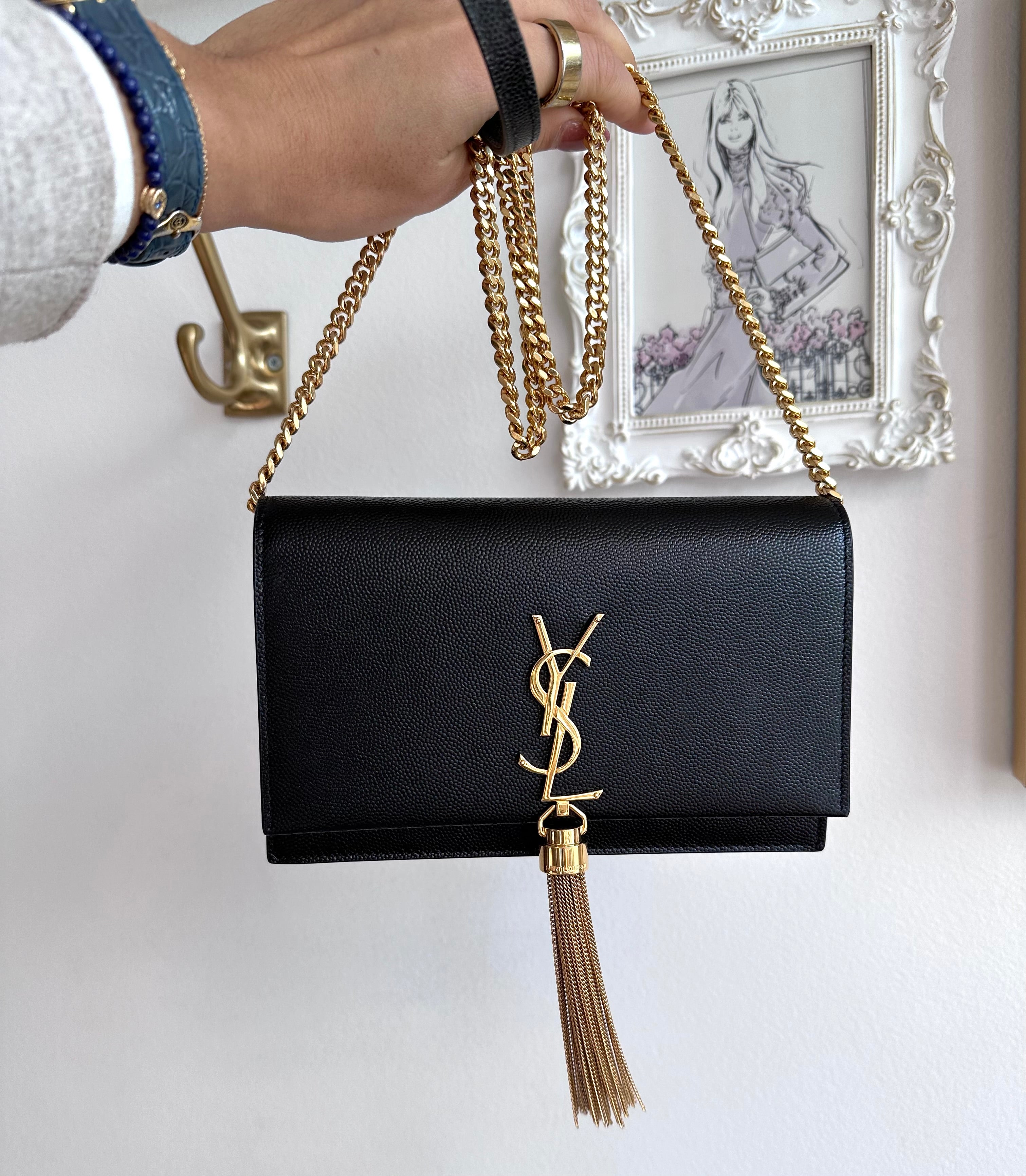 Pre-Owned SAINT LAURENT Black Small Kate Chain Wallet with Tassel