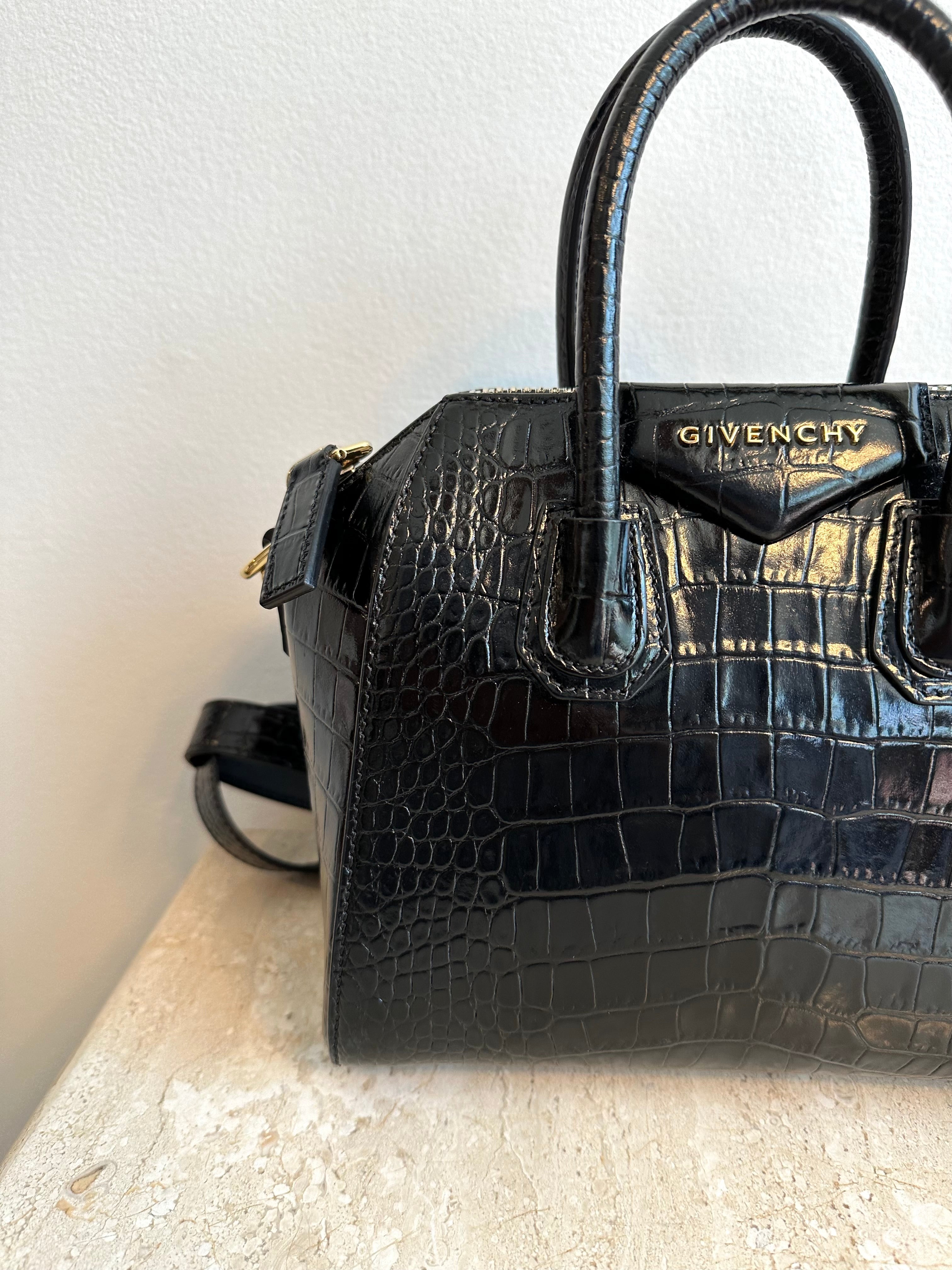 Pre-Owned GIVENCHY Mini Antigona Black Croc Embossed Leather Bag