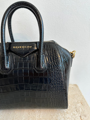 Pre-Owned GIVENCHY Mini Antigona Black Croc Embossed Leather Bag