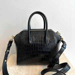 Pre-Owned GIVENCHY Mini Antigona Black Croc Embossed Leather Bag