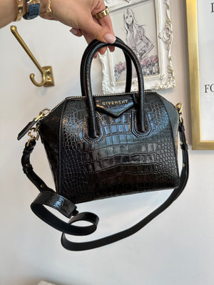 Pre-Owned GIVENCHY Mini Antigona Black Croc Embossed Leather Bag
