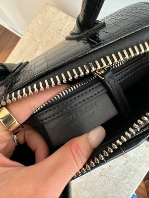 Pre-Owned GIVENCHY Mini Antigona Black Croc Embossed Leather Bag
