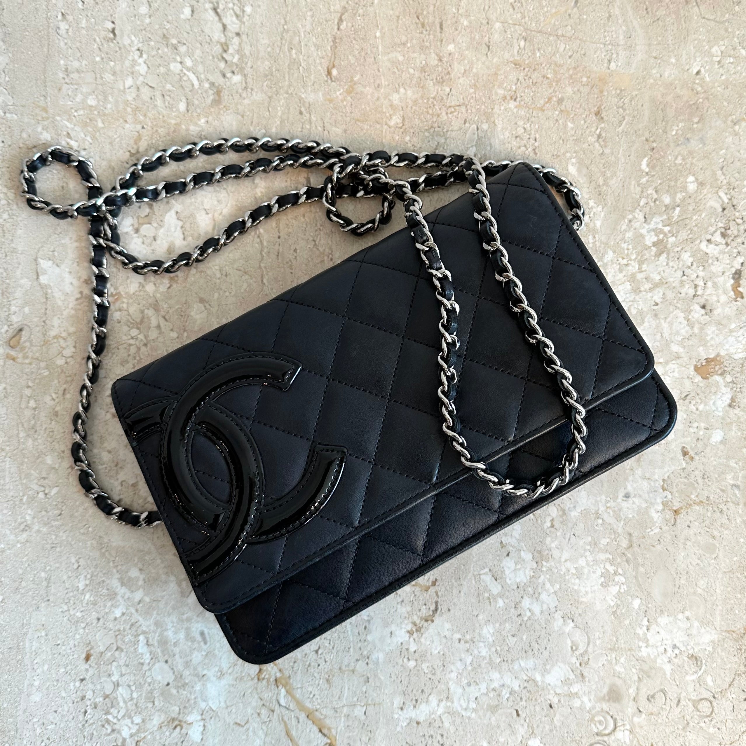Pre-Owned CHANEL Black Cambon Wallet On Chain With Silver Hardware