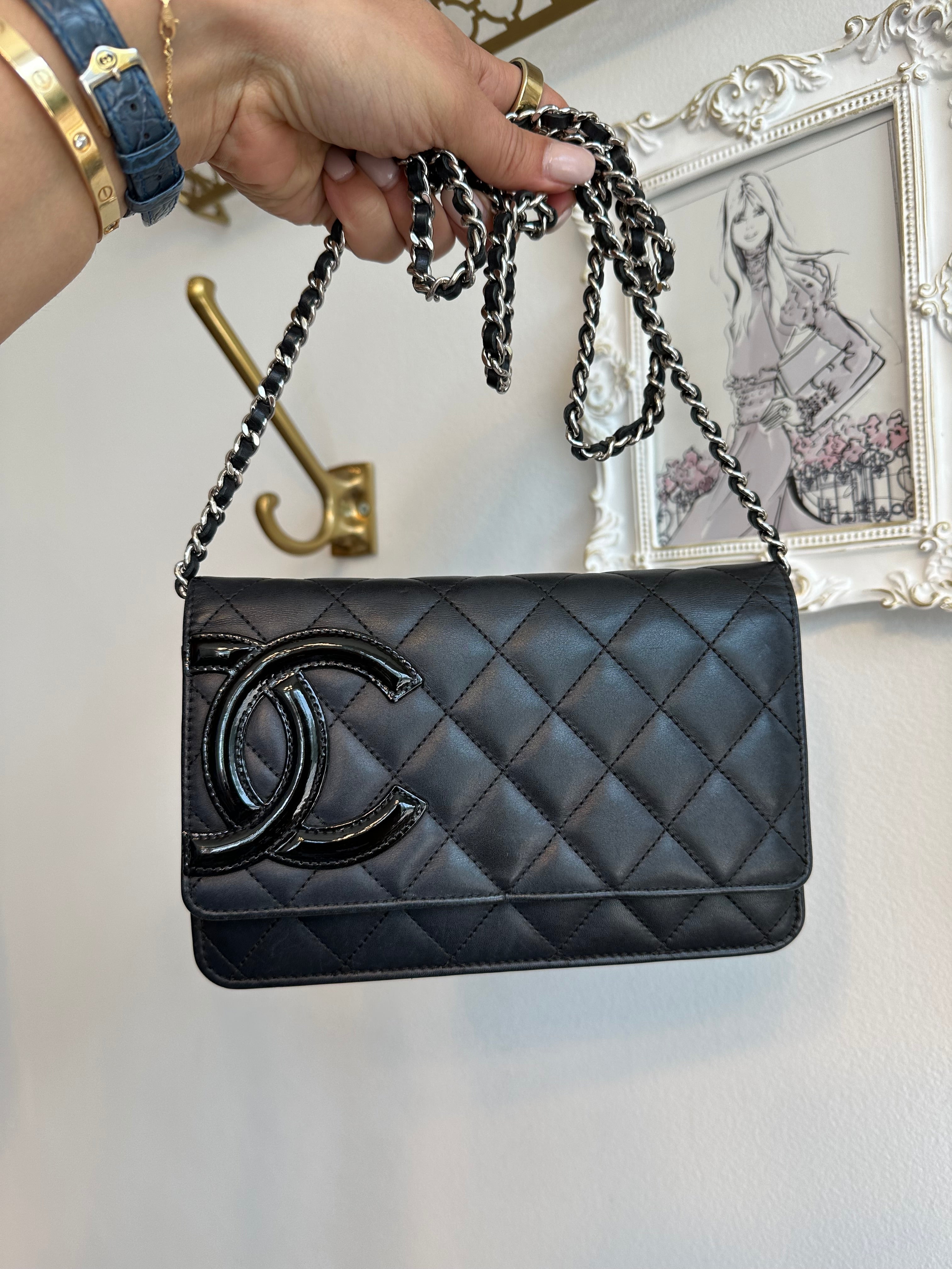 Pre-Owned CHANEL Black Cambon Wallet On Chain With Silver Hardware