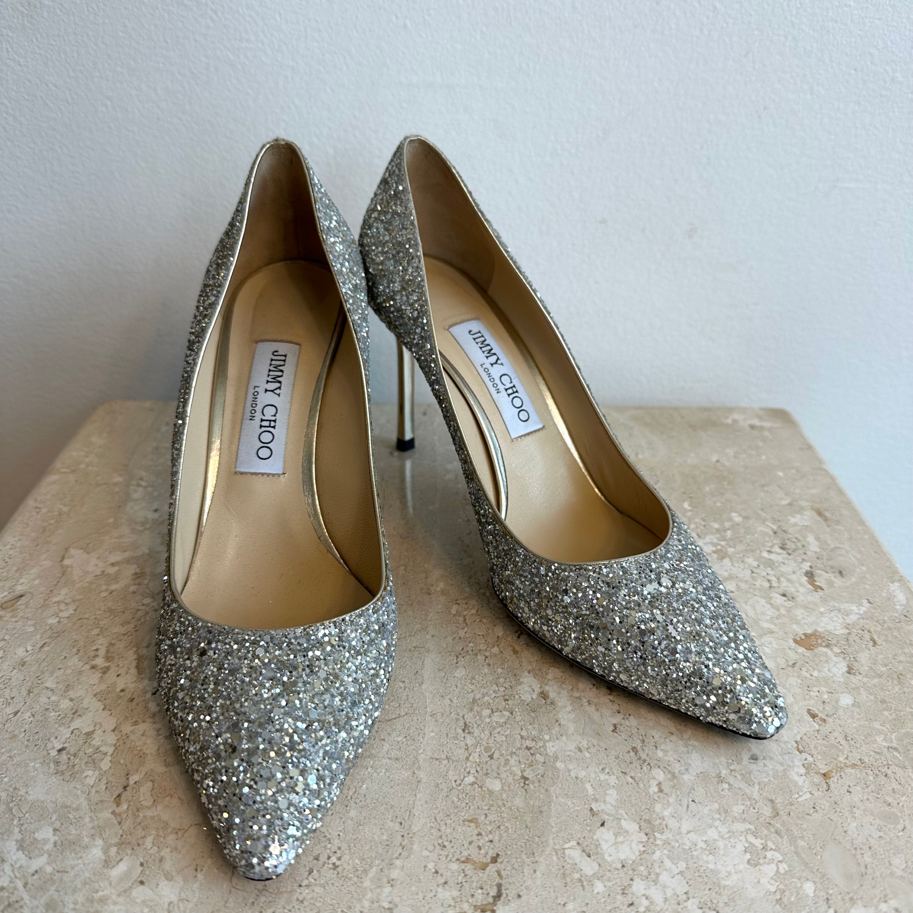 Pre-Owned JIMMY CHOO Champagne Romy Glitter Pump - Size 38.5