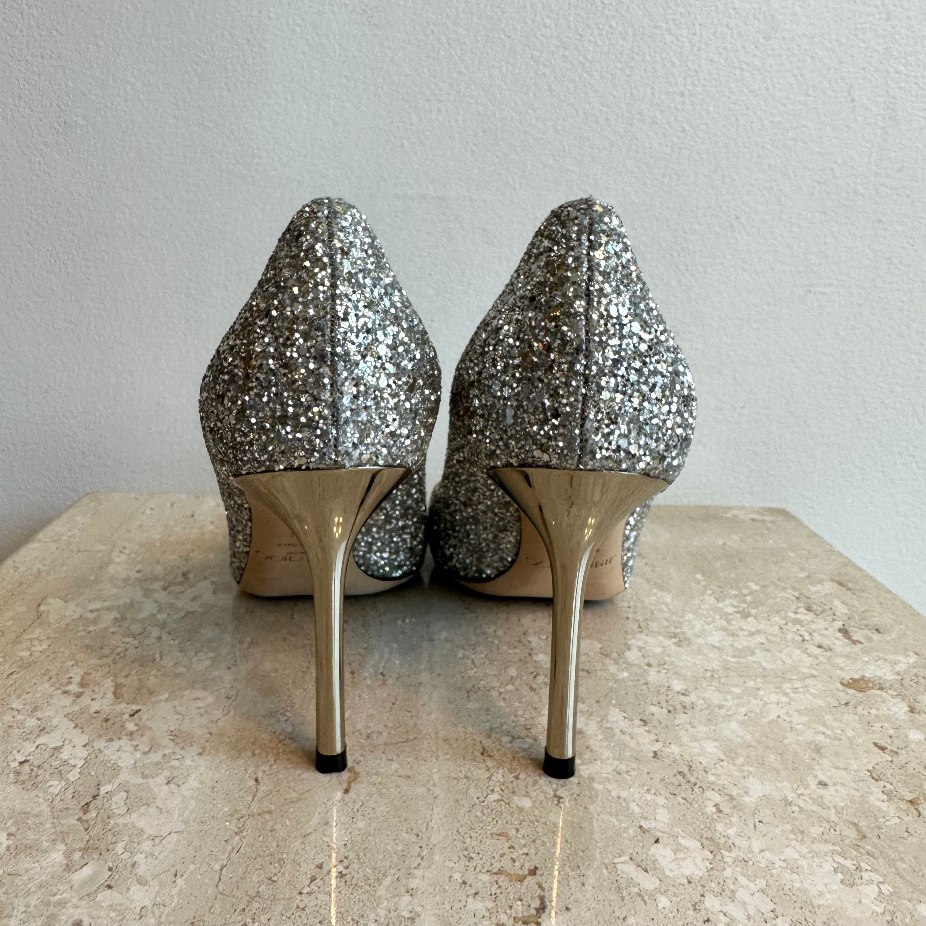 Pre-Owned JIMMY CHOO Champagne Romy Glitter Pump - Size 38.5