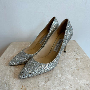 Pre-Owned JIMMY CHOO Champagne Romy Glitter Pump - Size 38.5