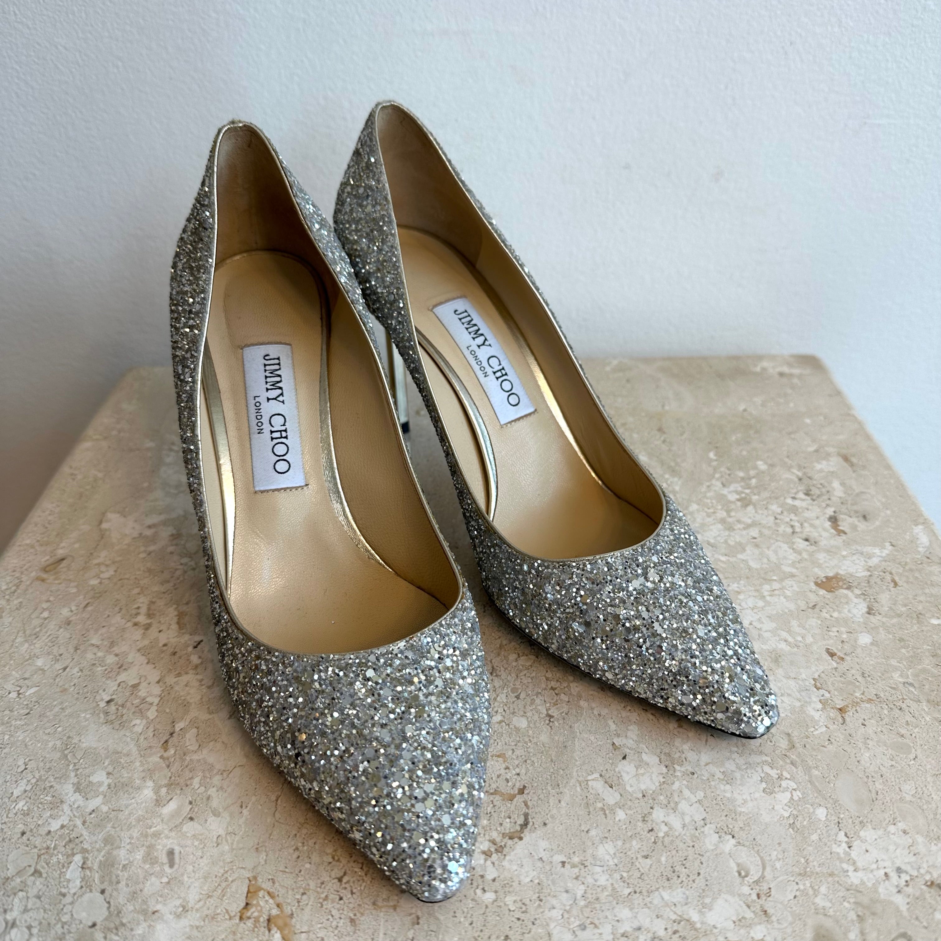 Pre-Owned JIMMY CHOO Champagne Romy Glitter Pump - Size 38.5