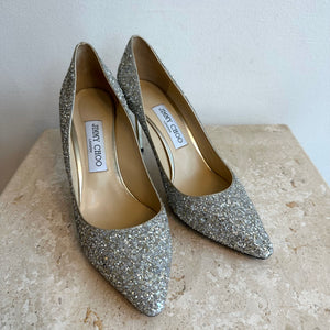 Pre-Owned JIMMY CHOO Champagne Romy Glitter Pump - Size 38.5
