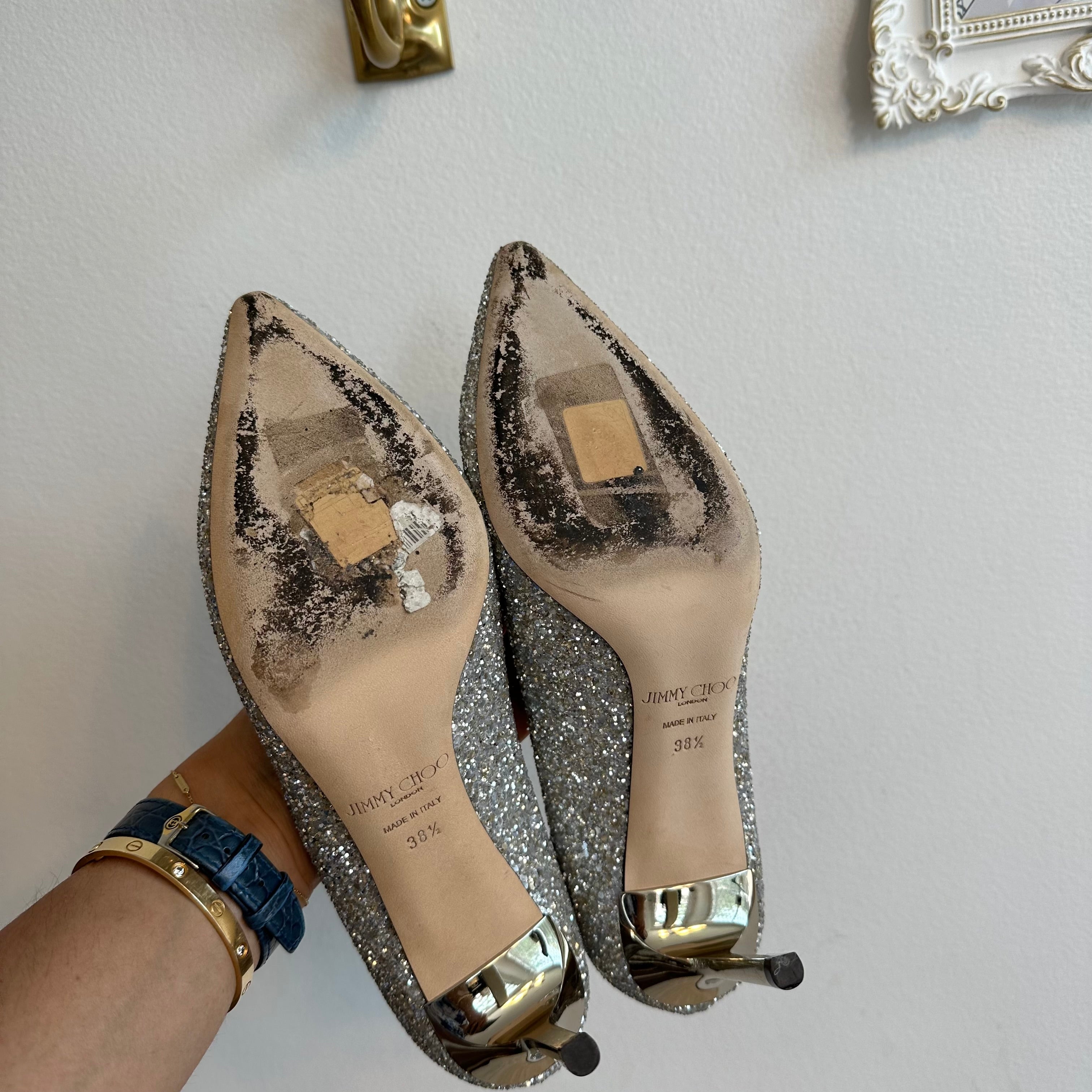 Pre-Owned JIMMY CHOO Champagne Romy Glitter Pump - Size 38.5