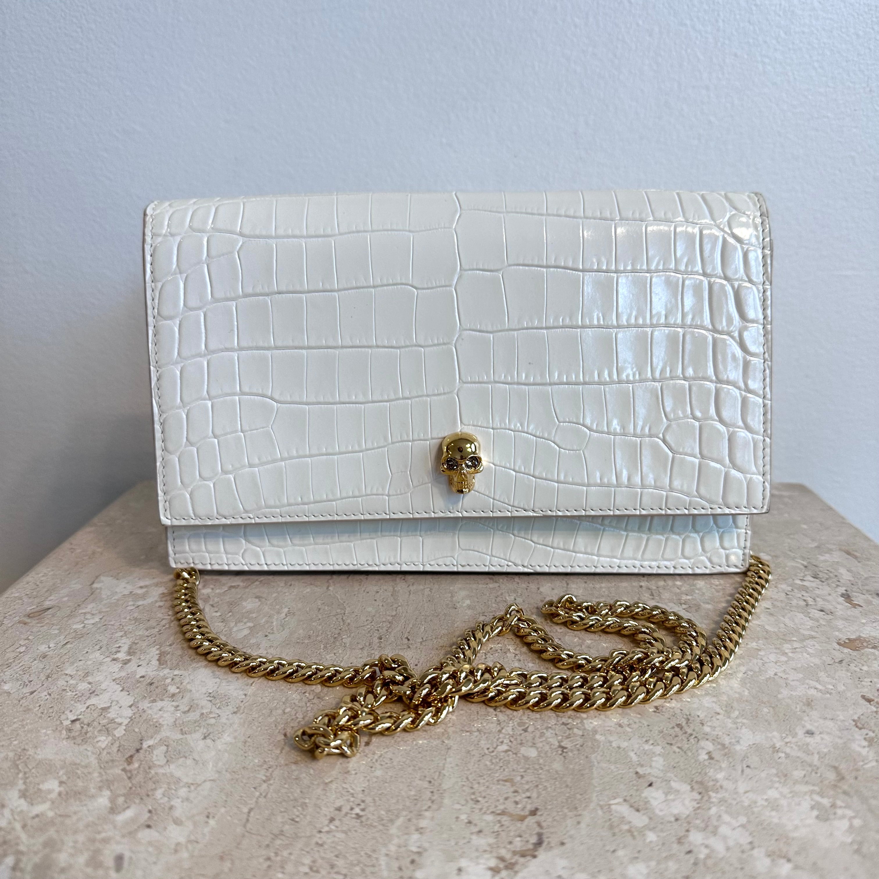 Pre-Owned ALEXANDER MCQUEEN Deep Ivory Croc Embossed Skull Bag
