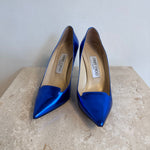 Pre-Owned JIMMY CHOO Blue Mirror Patent Avril Pointy Toe Pumps - Size 35.5