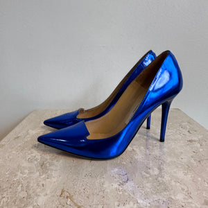 Pre-Owned JIMMY CHOO Blue Mirror Patent Avril Pointy Toe Pumps - Size 35.5
