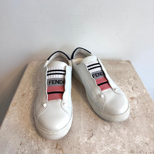 Pre-Owned FENDI White Leather Logo Knit Rockoclick Scalloped Sneakers - Size 37