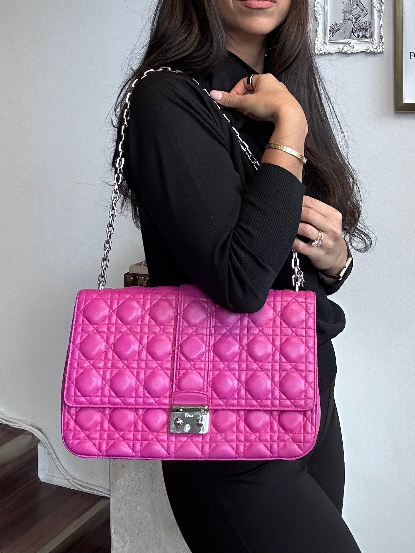 Pre-Owned DIOR Miss Dior Large Fuchsia Cannage Flap Bag