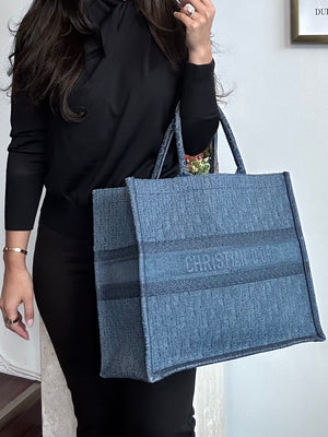 Pre-Owned DIOR Large Oblique Denim Book Tote