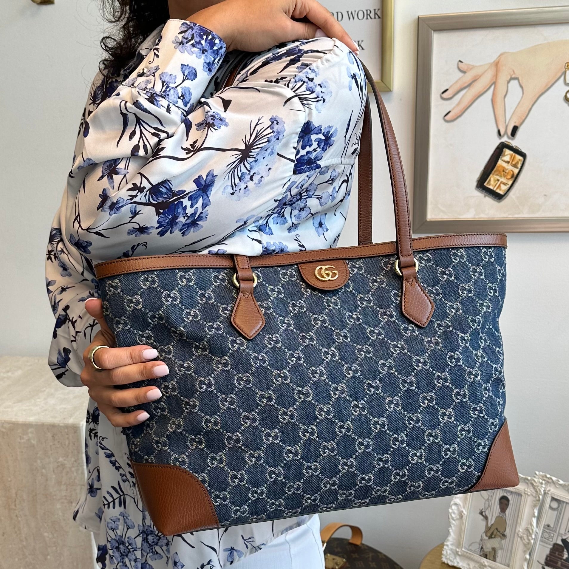 Pre-Owned GUCCI Ophidia GG Jacquard Denim Tote Medium
