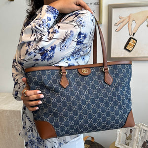 Pre-Owned GUCCI Ophidia GG Jacquard Denim Tote Medium