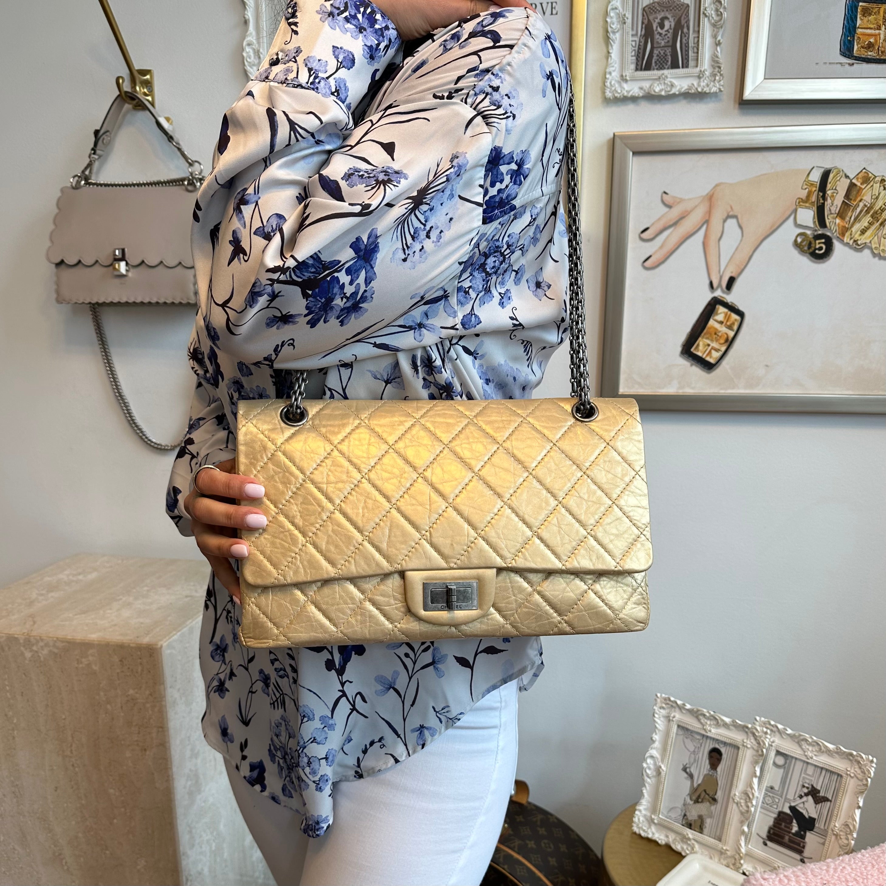Pre-Owned CHANEL Gold Aged Calfskin Leather Reissue 226 Double Flap