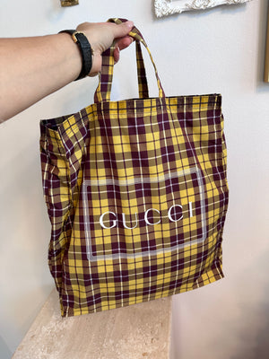 Pre-Owned GUCCI Yellow Plaid Nylon Shopping Tote