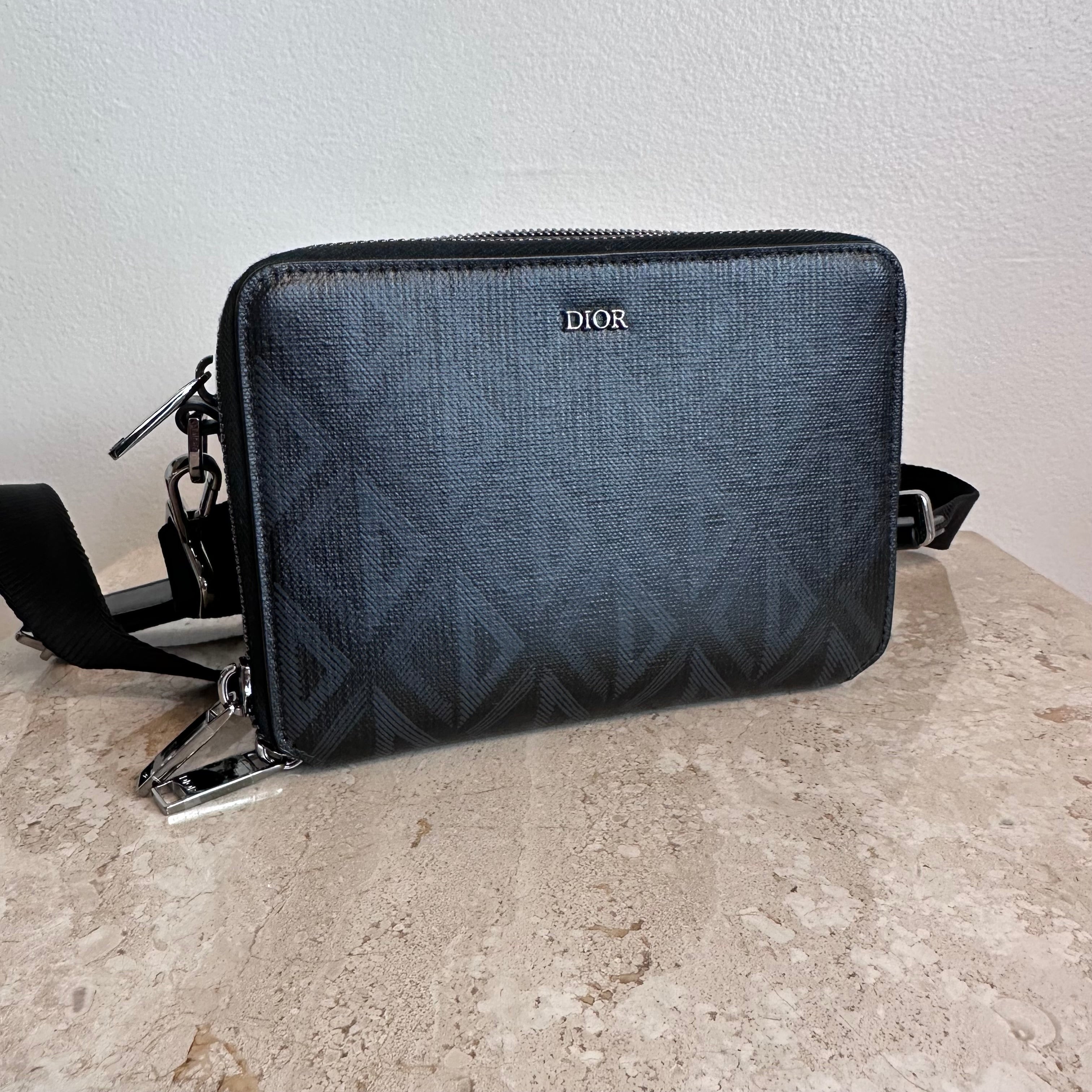 Pre-Owned DIOR CD Diamond Canvas Double Zip Crossbody Pouch