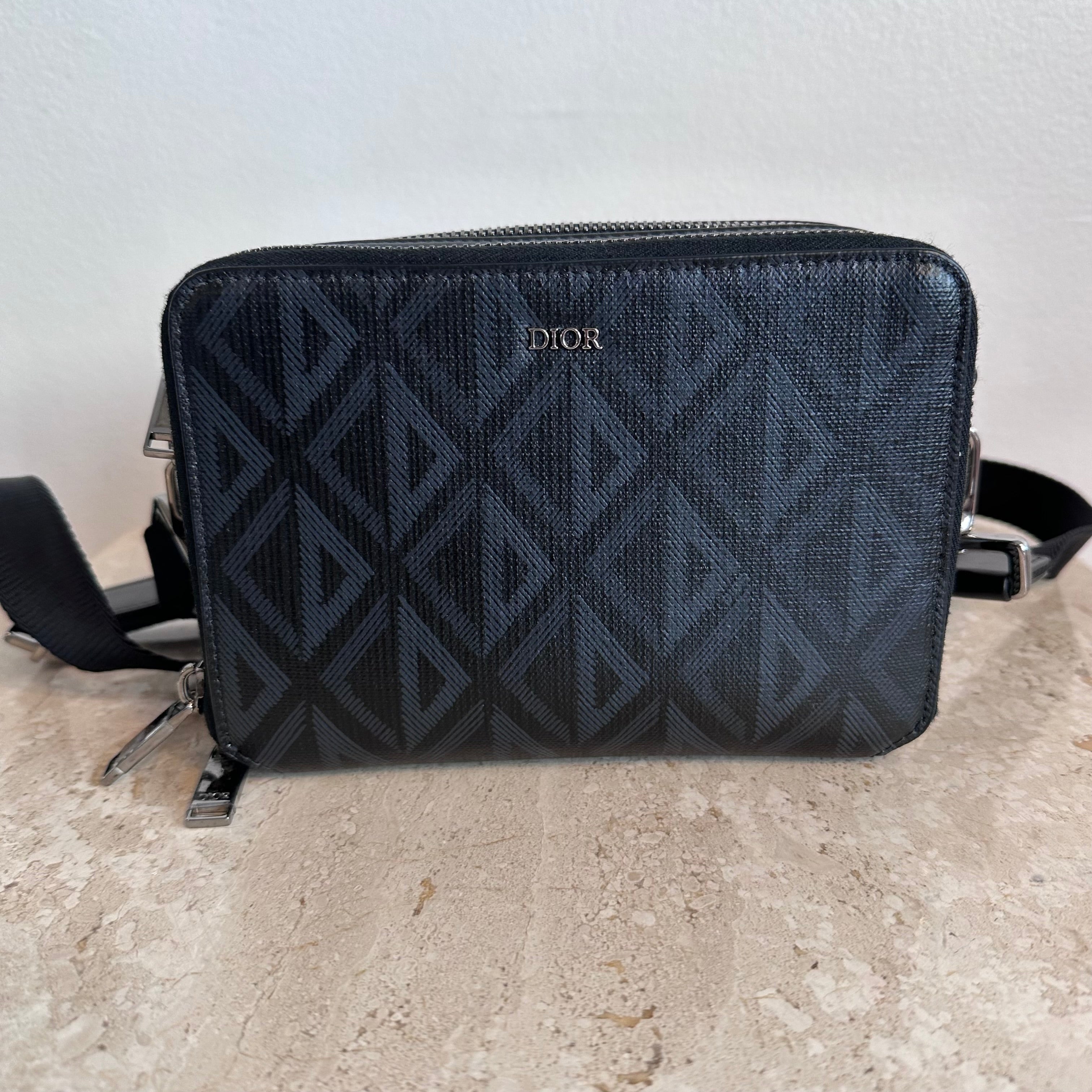 Pre-Owned DIOR CD Diamond Canvas Double Zip Crossbody Pouch