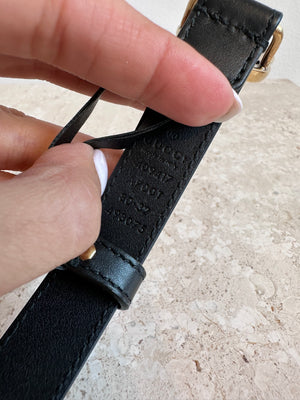 Pre-Owned GUCCI Women's Slim Black Leather Belt with Mini Double G Buckle - Size 32/80