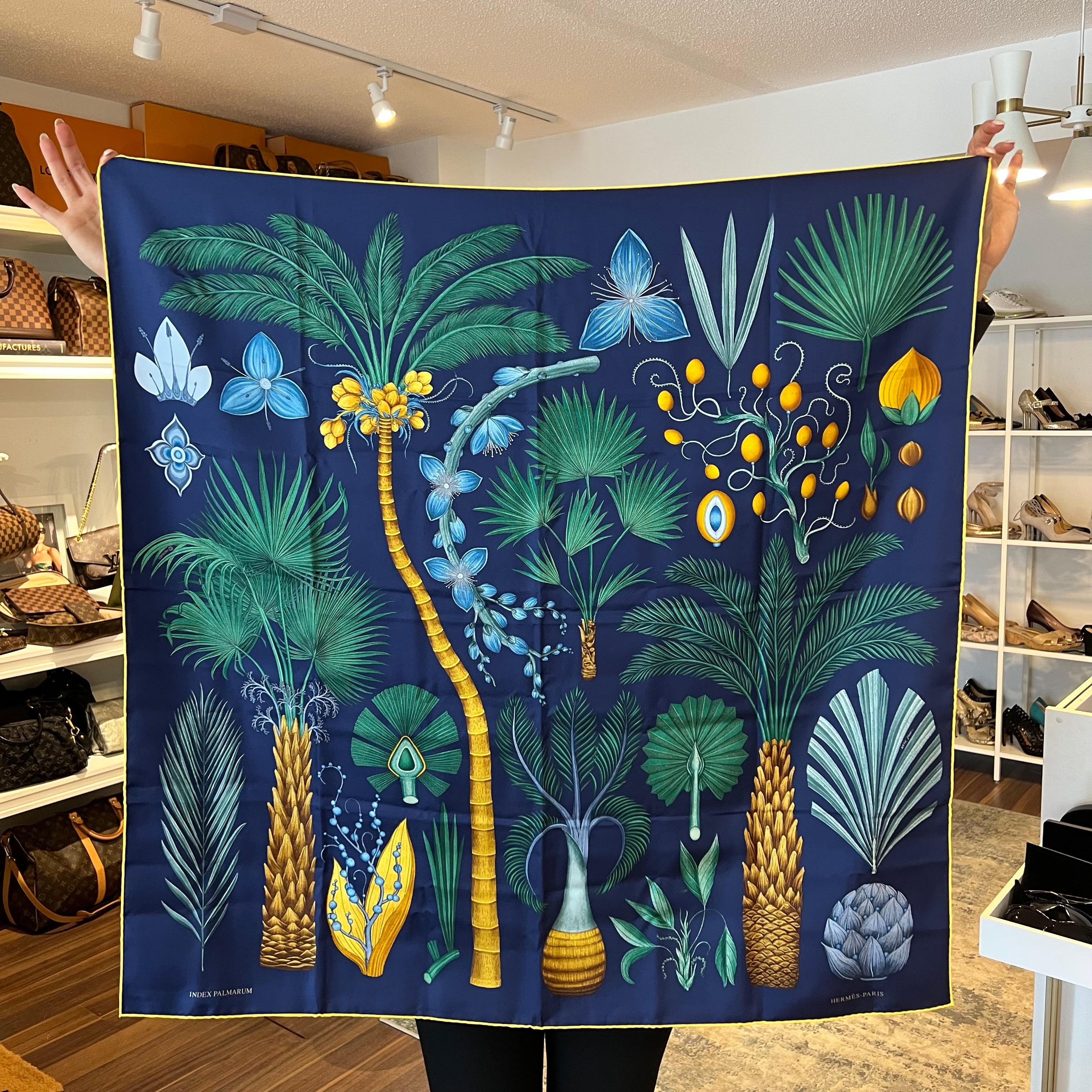 Pre-Owned HERMES Marine/Vert/Bleu Index Palmarum Silk Scarf