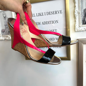 Pre-Owned CHRISTIAN LOUBOUTIN Pink/Black Patent Cork Wedges
