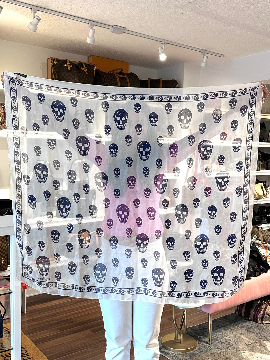 Pre-Owned ALEXANDER MCQUEEN White/Navy Silk Skull Scarf