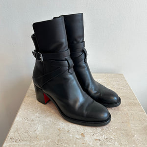 Pre Owned CHRISTIAN LOUBOUTIN Black Leather Karistrap Boot Size 38.5 Valamode