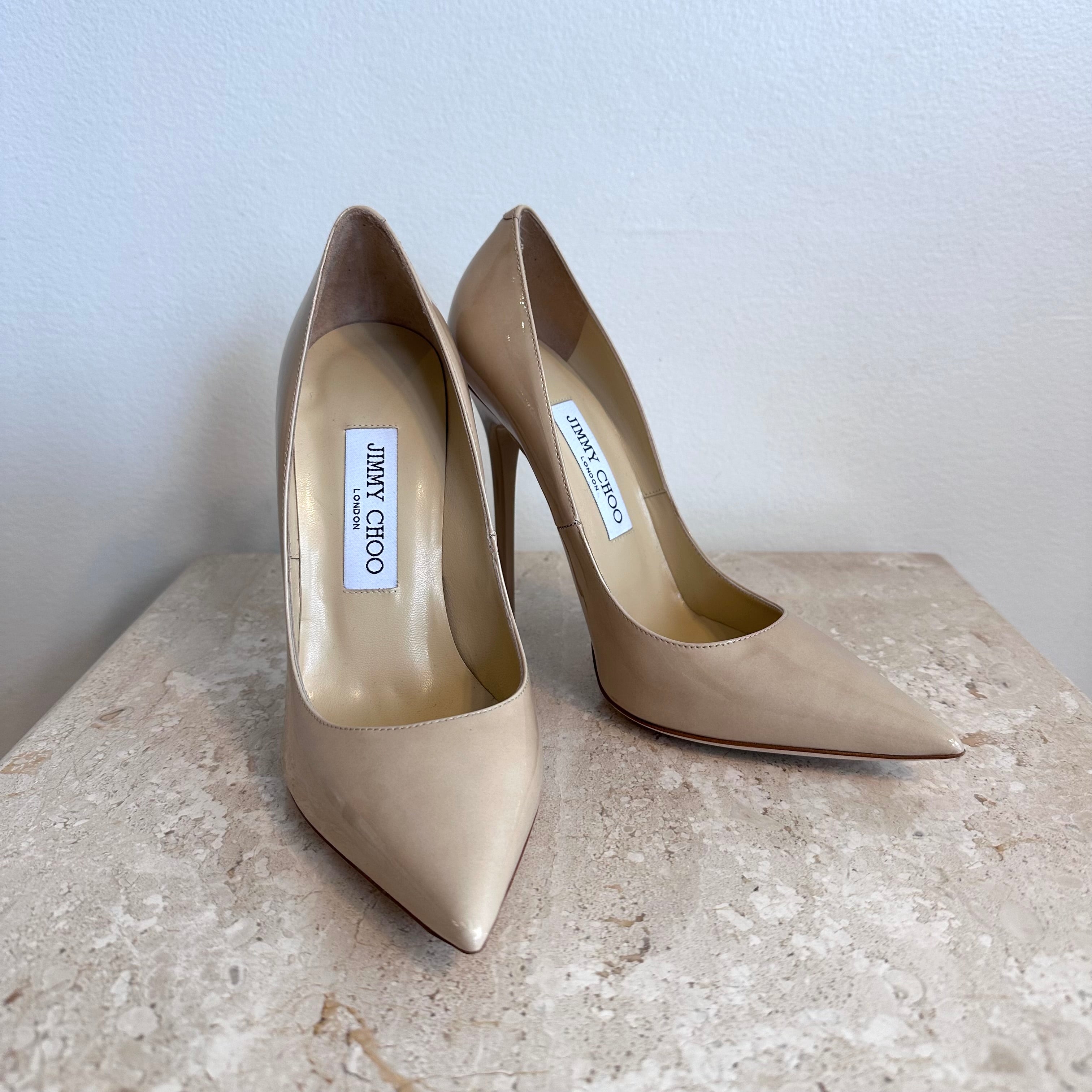 Pre-Owned JIMMY CHOO Anouk Nude Patent Leather Heel - Size 37