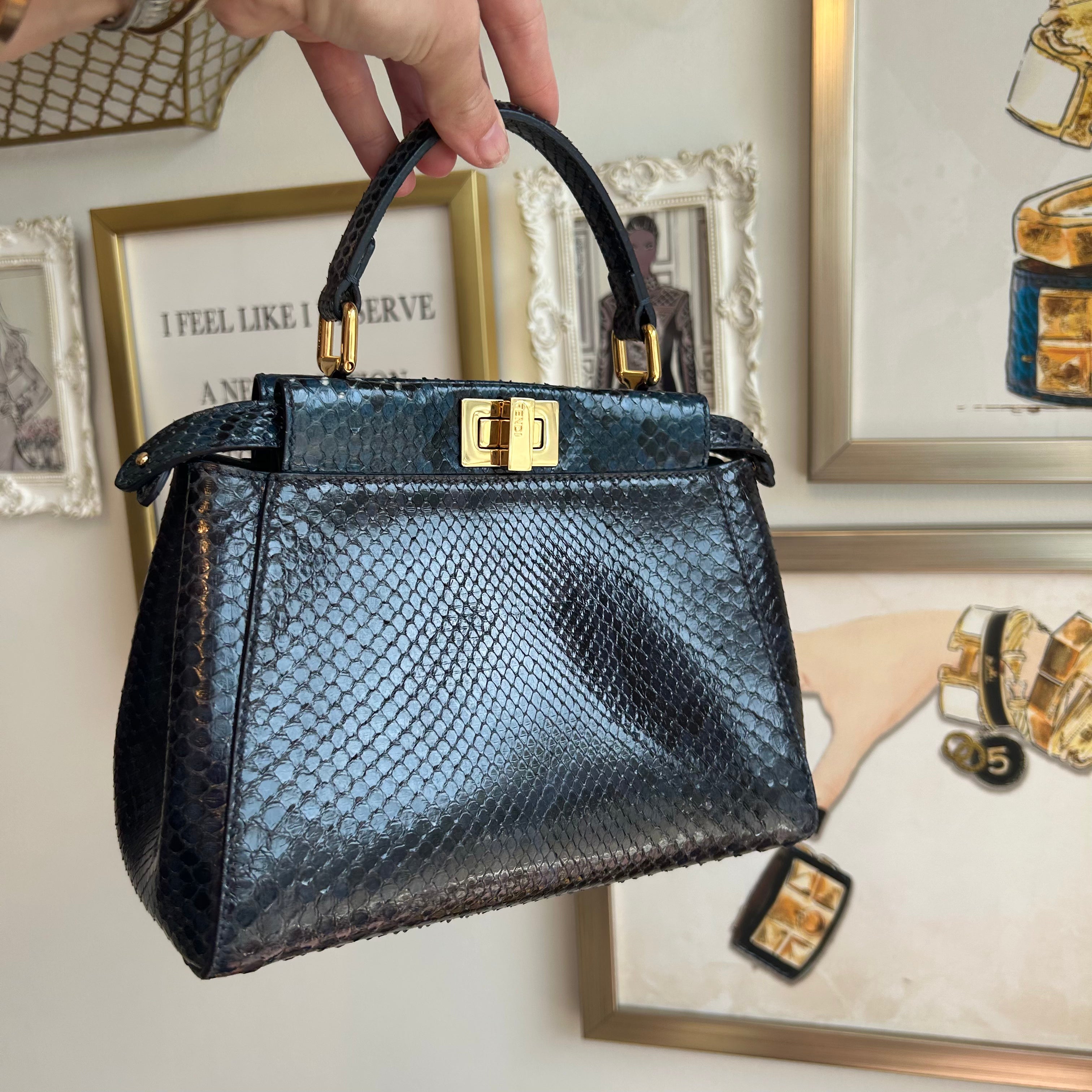 Pre Owned FENDI Mini Blue Python Leather Peekaboo Handbag Valamode