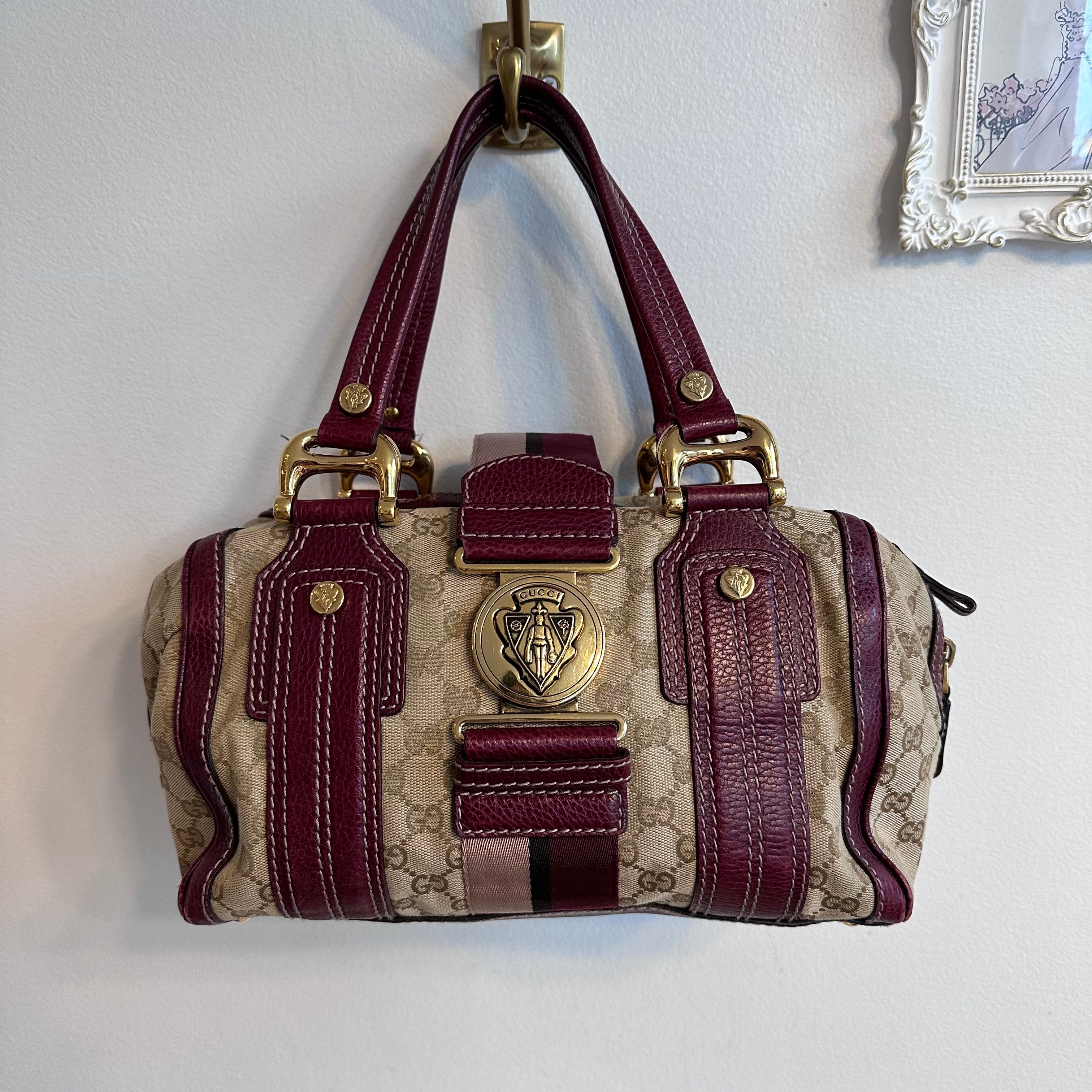 Pre-Owned GUCCI Beige/Burgundy GG Canvas Aviatrix Medium Boston Bag