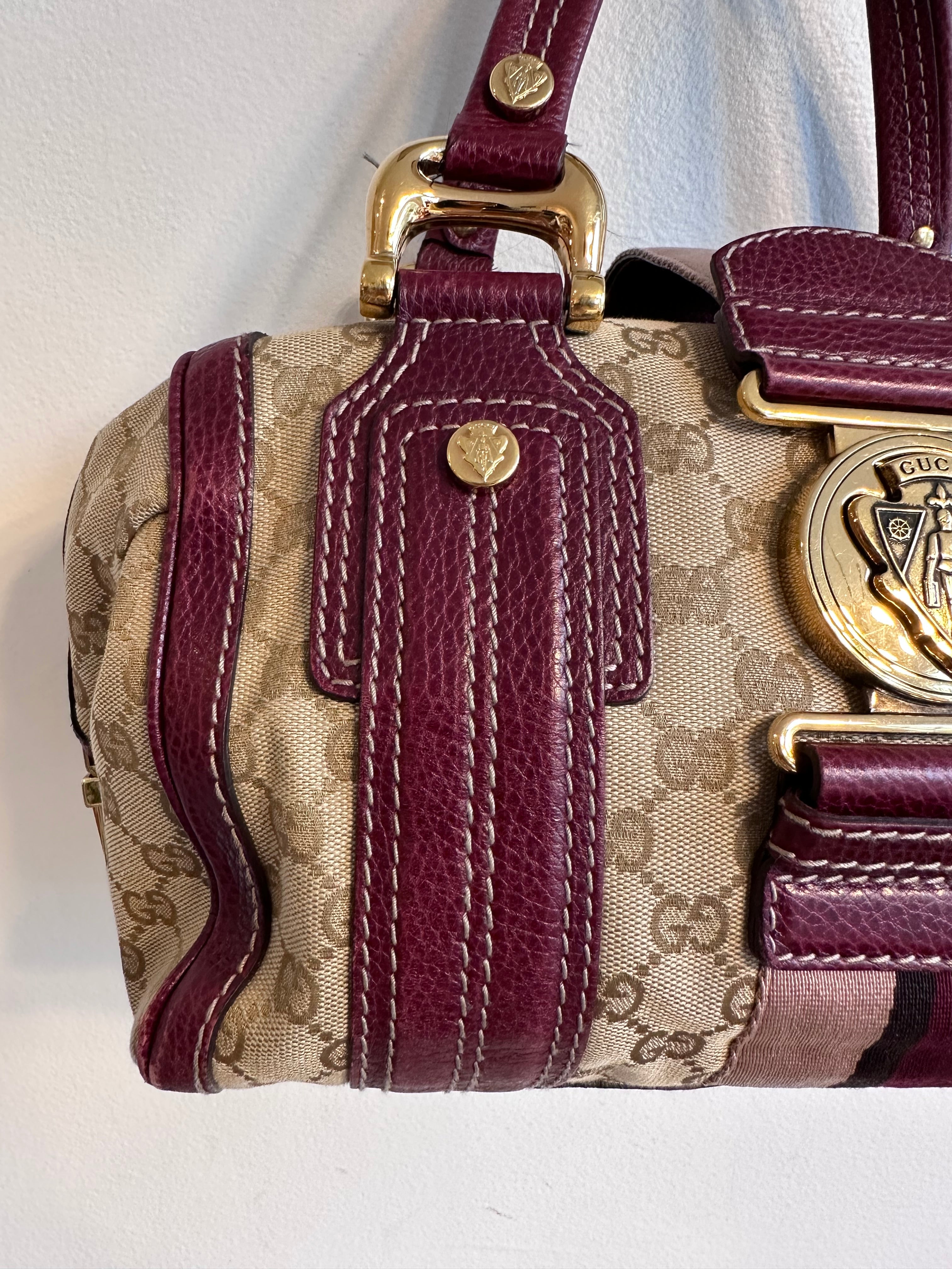 Pre-Owned GUCCI Beige/Burgundy GG Canvas Aviatrix Medium Boston Bag