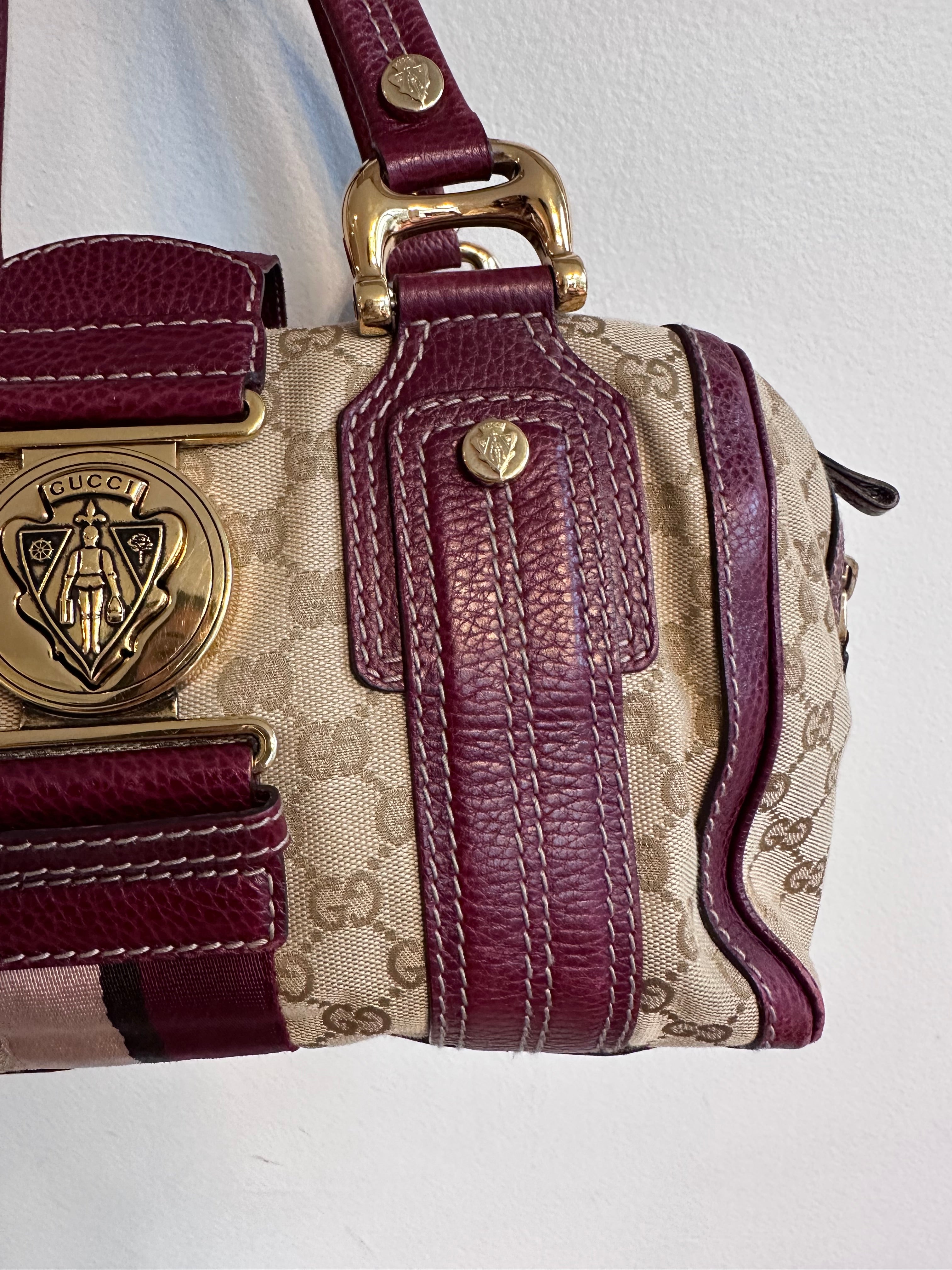 Pre-Owned GUCCI Beige/Burgundy GG Canvas Aviatrix Medium Boston Bag