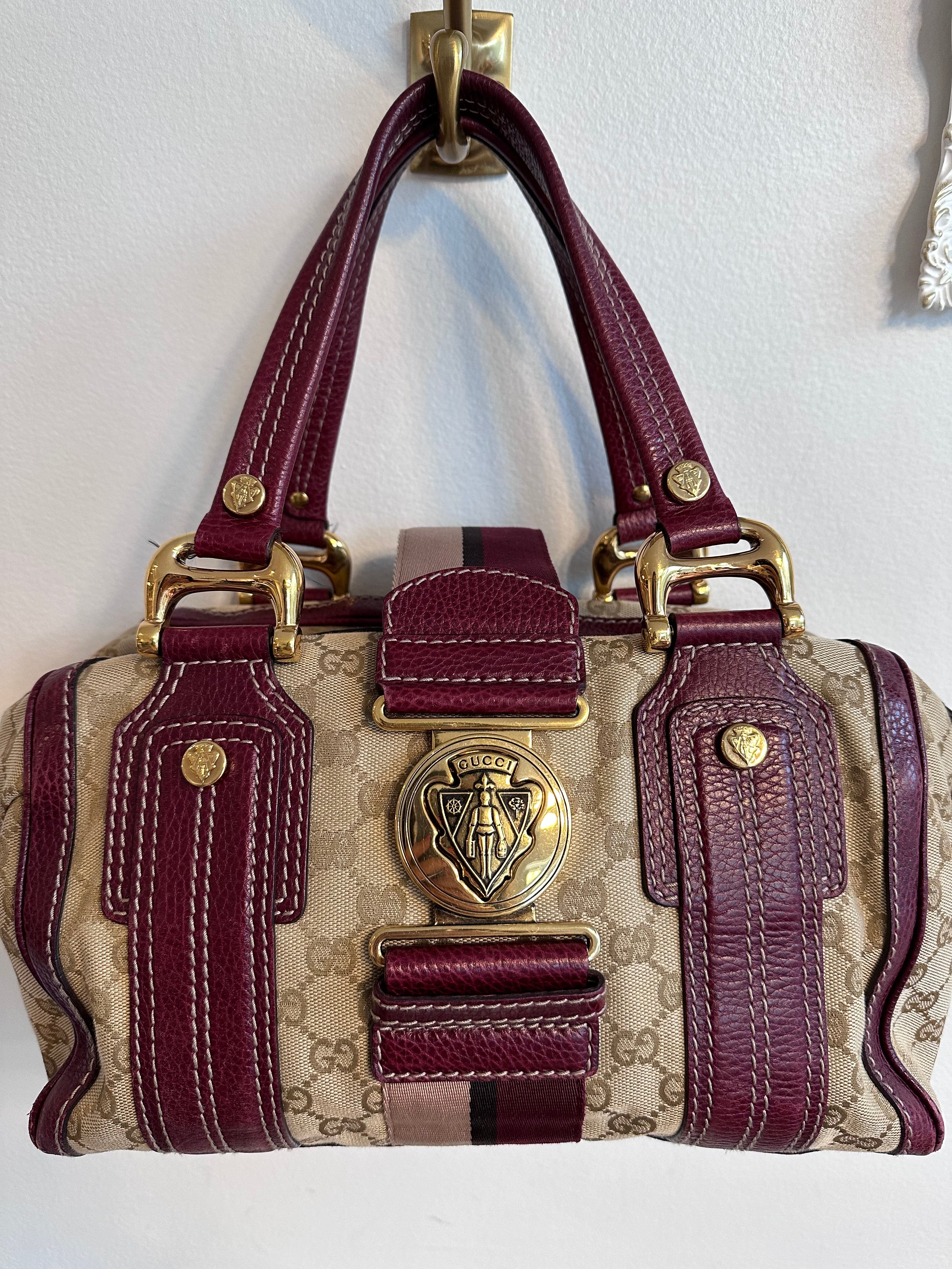 Pre-Owned GUCCI Beige/Burgundy GG Canvas Aviatrix Medium Boston Bag