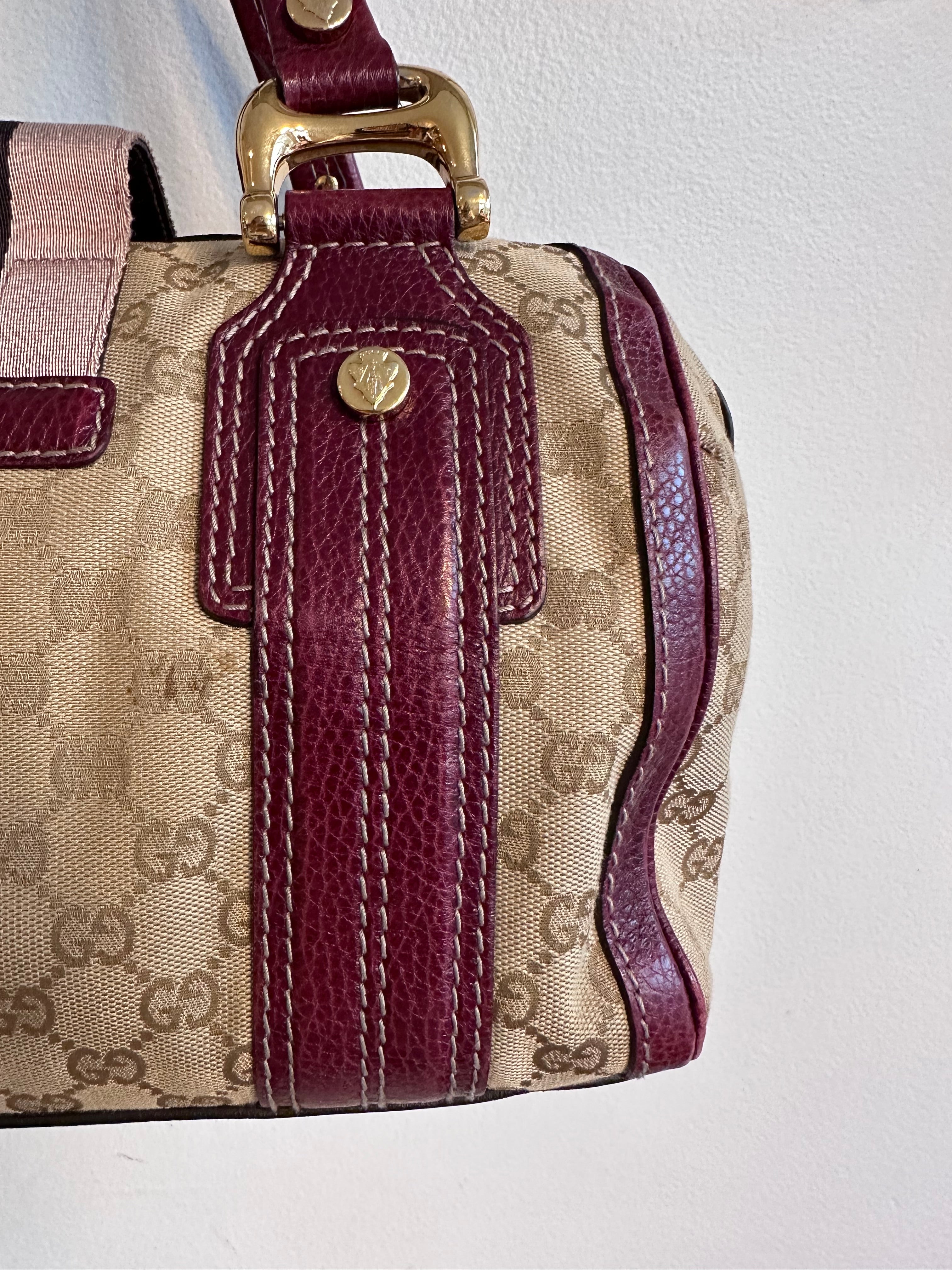 Pre-Owned GUCCI Beige/Burgundy GG Canvas Aviatrix Medium Boston Bag