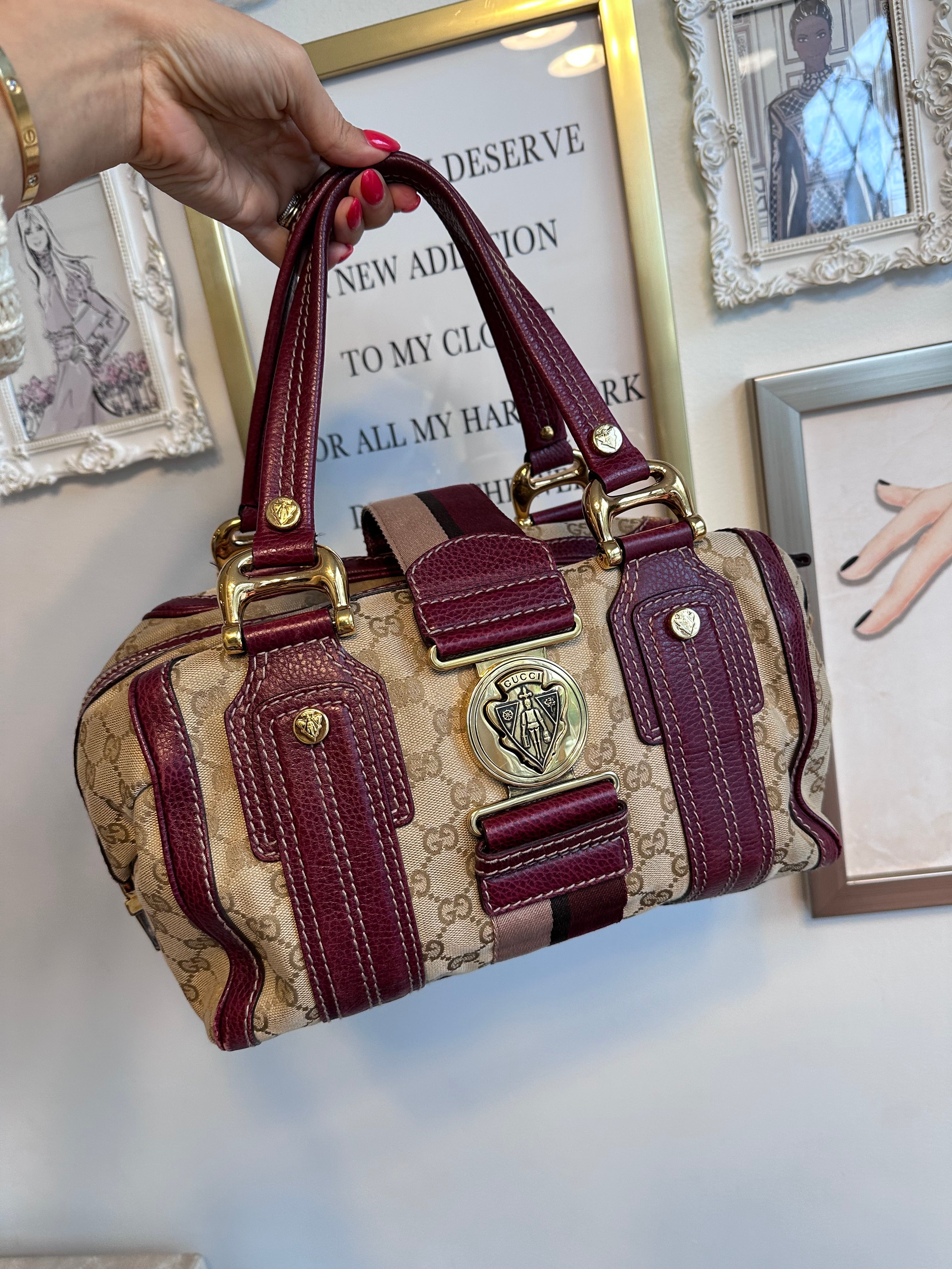 Pre-Owned GUCCI Beige/Burgundy GG Canvas Aviatrix Medium Boston Bag