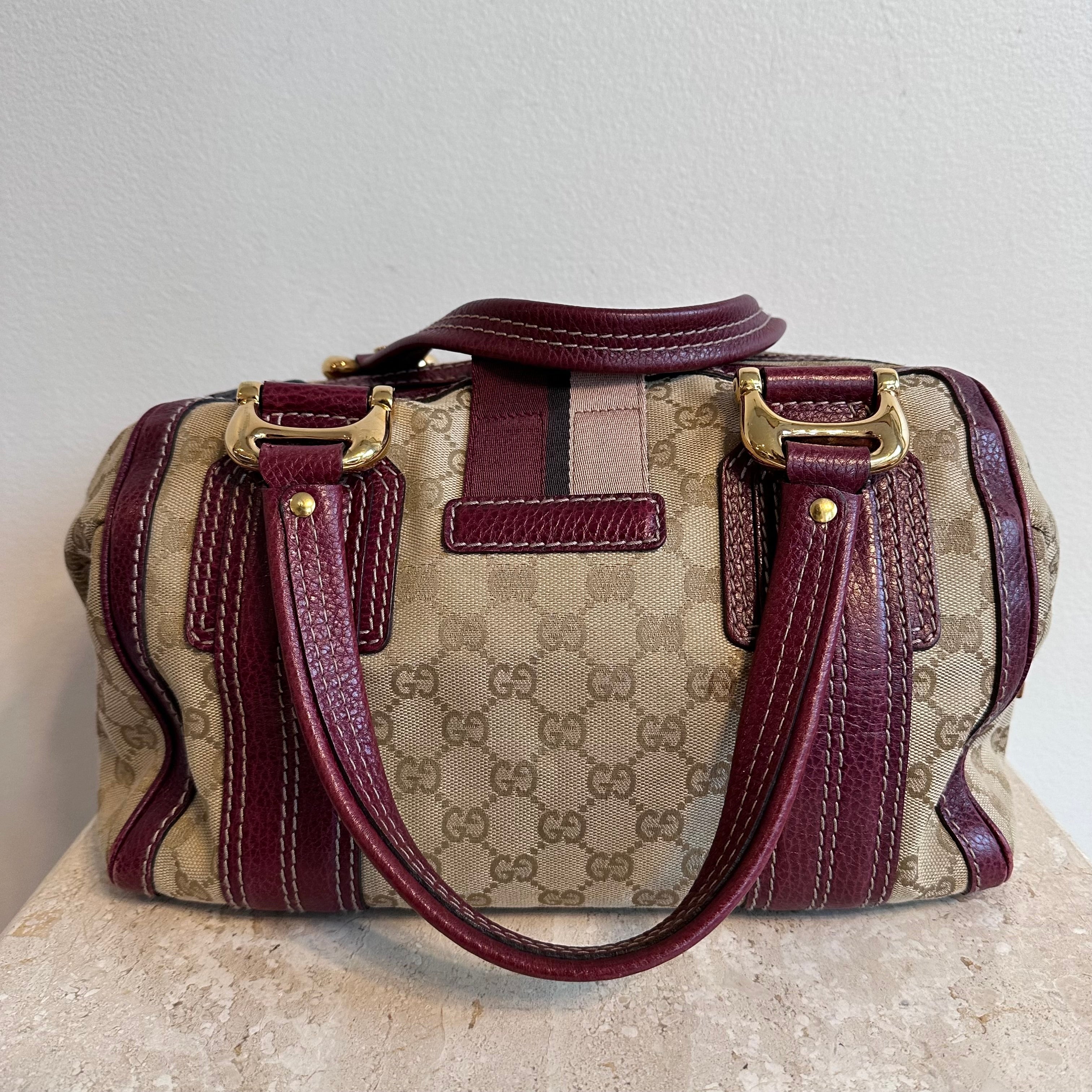 Pre-Owned GUCCI Beige/Burgundy GG Canvas Aviatrix Medium Boston Bag