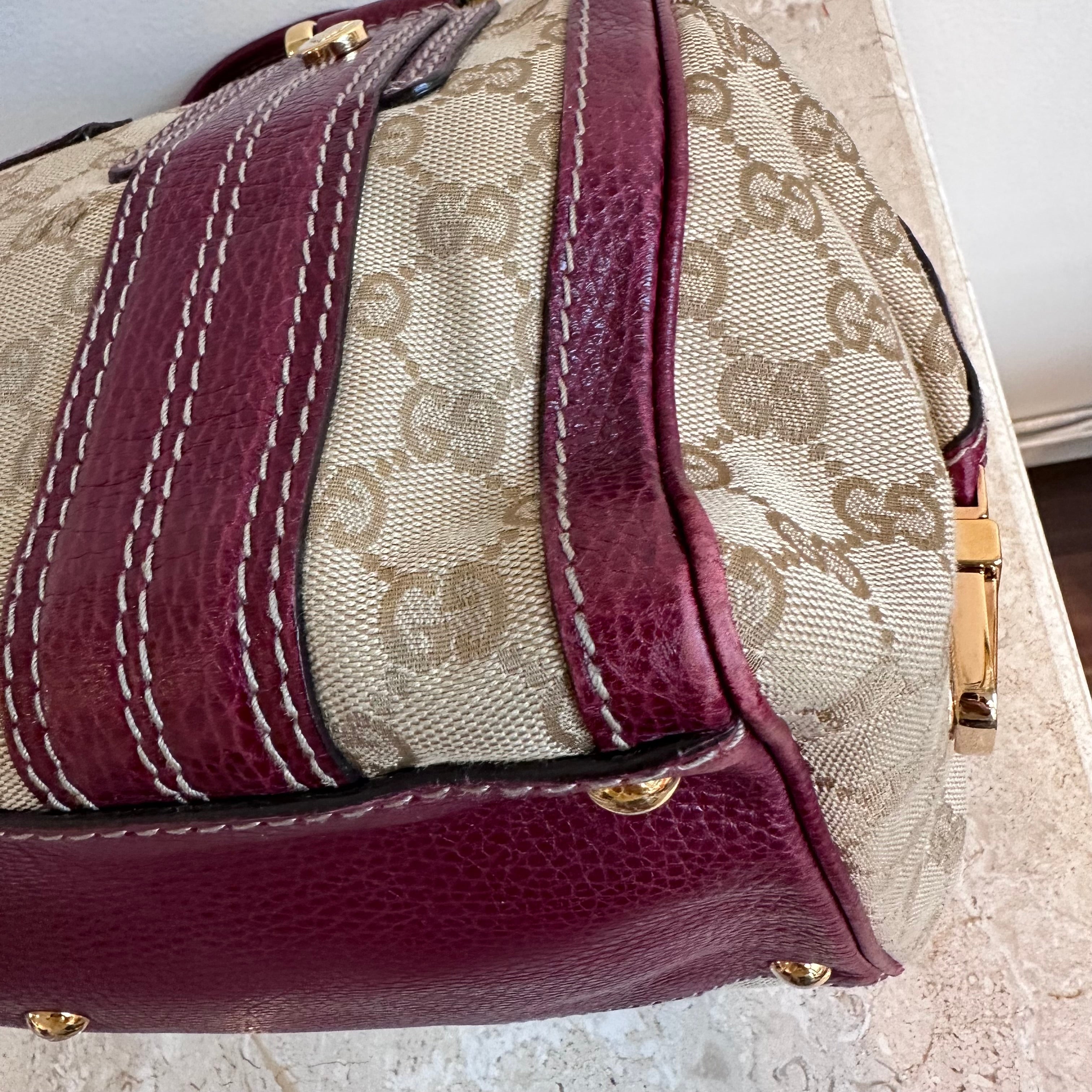 Pre-Owned GUCCI Beige/Burgundy GG Canvas Aviatrix Medium Boston Bag