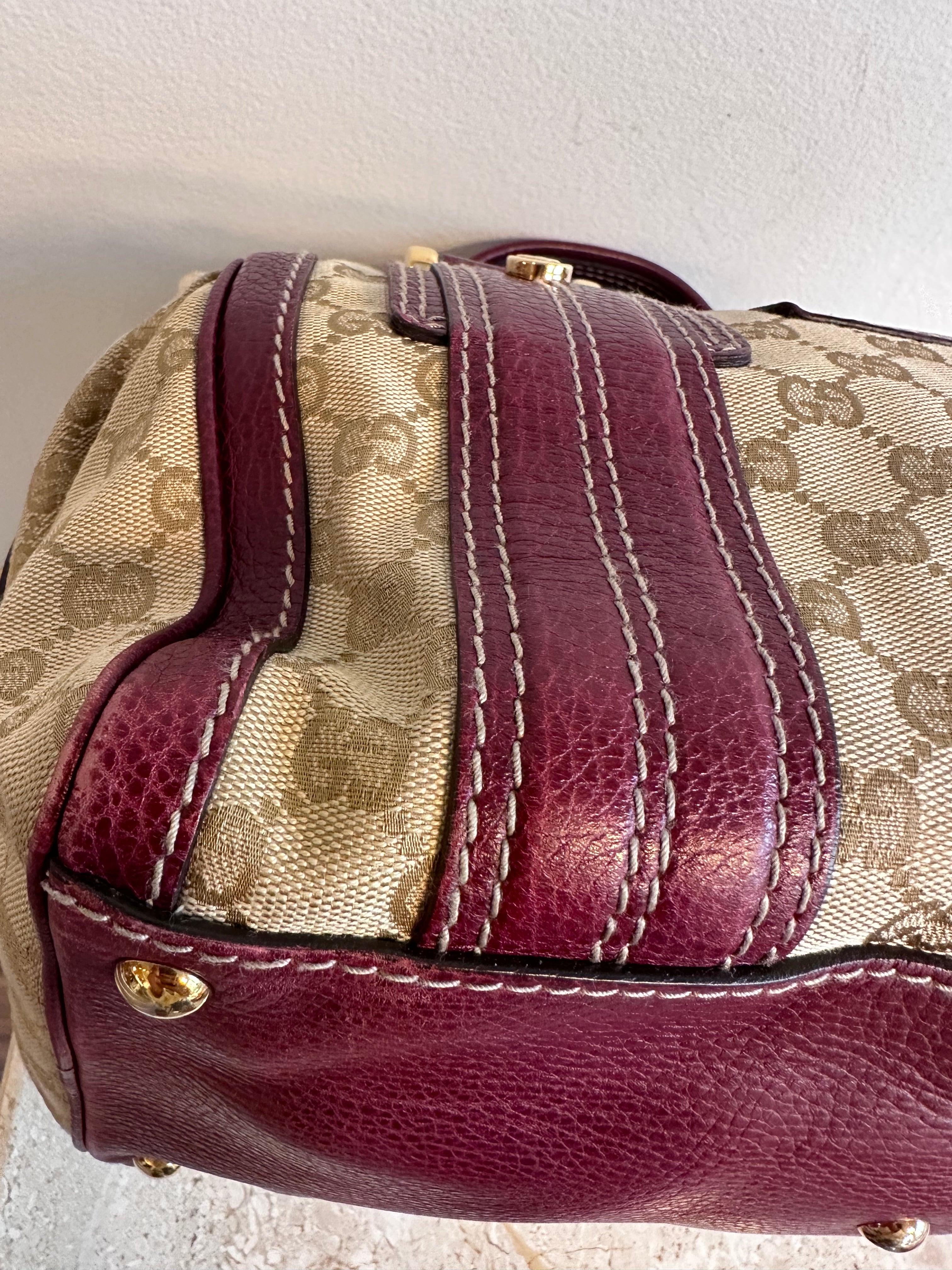 Pre-Owned GUCCI Beige/Burgundy GG Canvas Aviatrix Medium Boston Bag