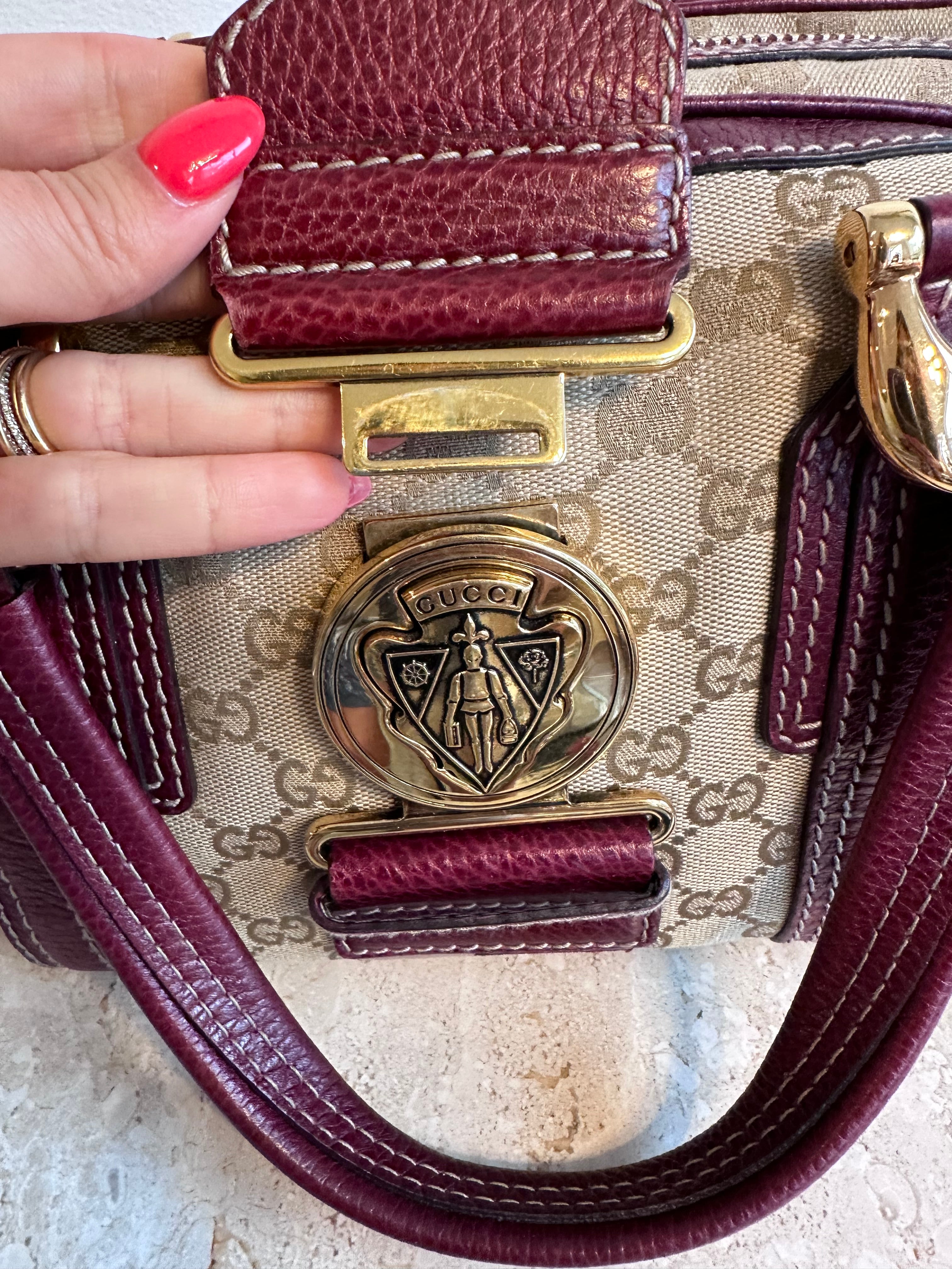 Pre-Owned GUCCI Beige/Burgundy GG Canvas Aviatrix Medium Boston Bag