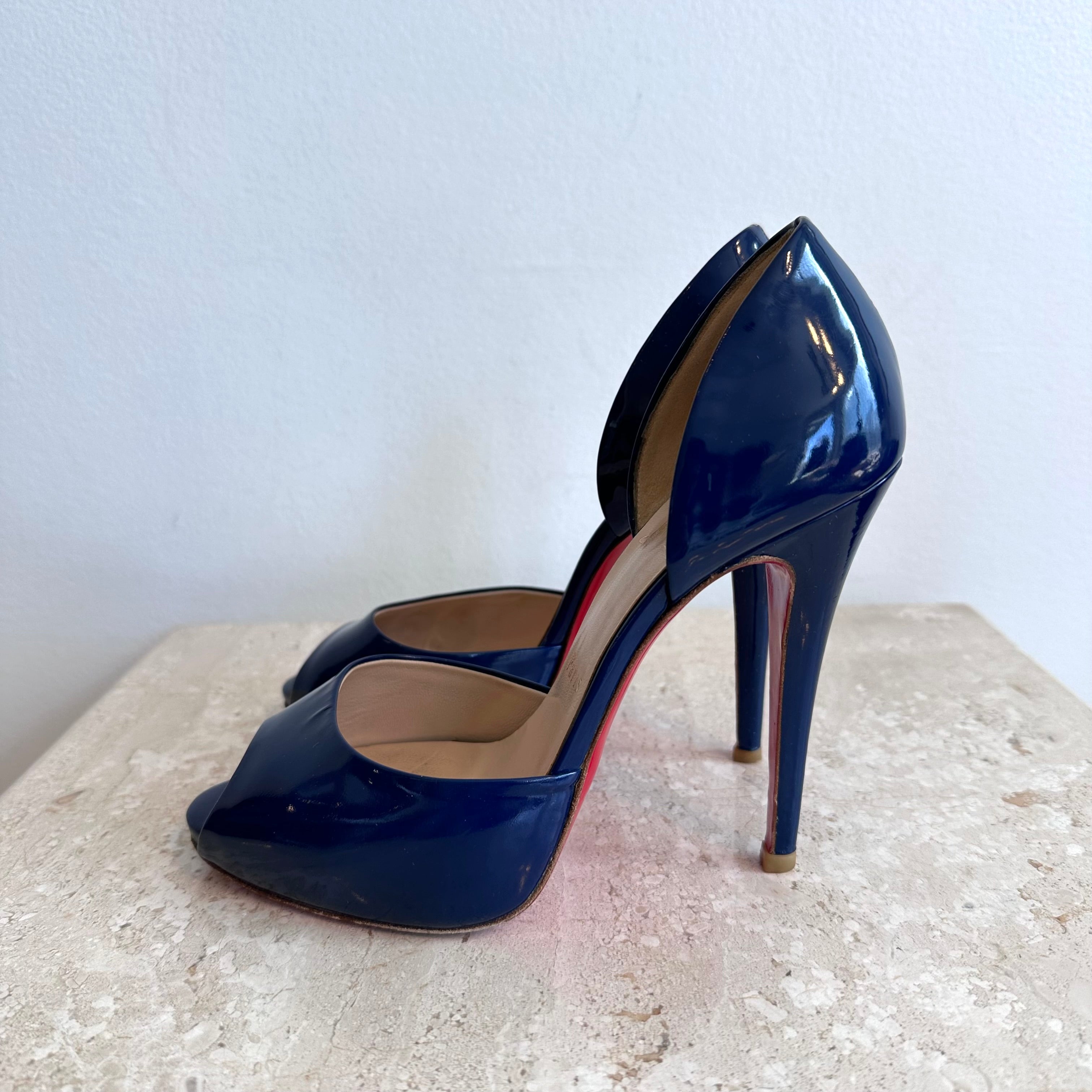 Pre-Owned CHRISTIAN LOUBOUTIN Patent Madame Claude 120 Peep Toe Pumps Size 37