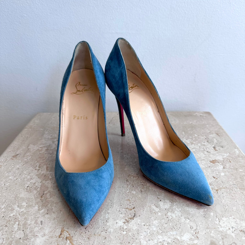 Pre-Owned CHRISTIAN LOUBOUTIN Blue Suede Pigalle Follies Size 37