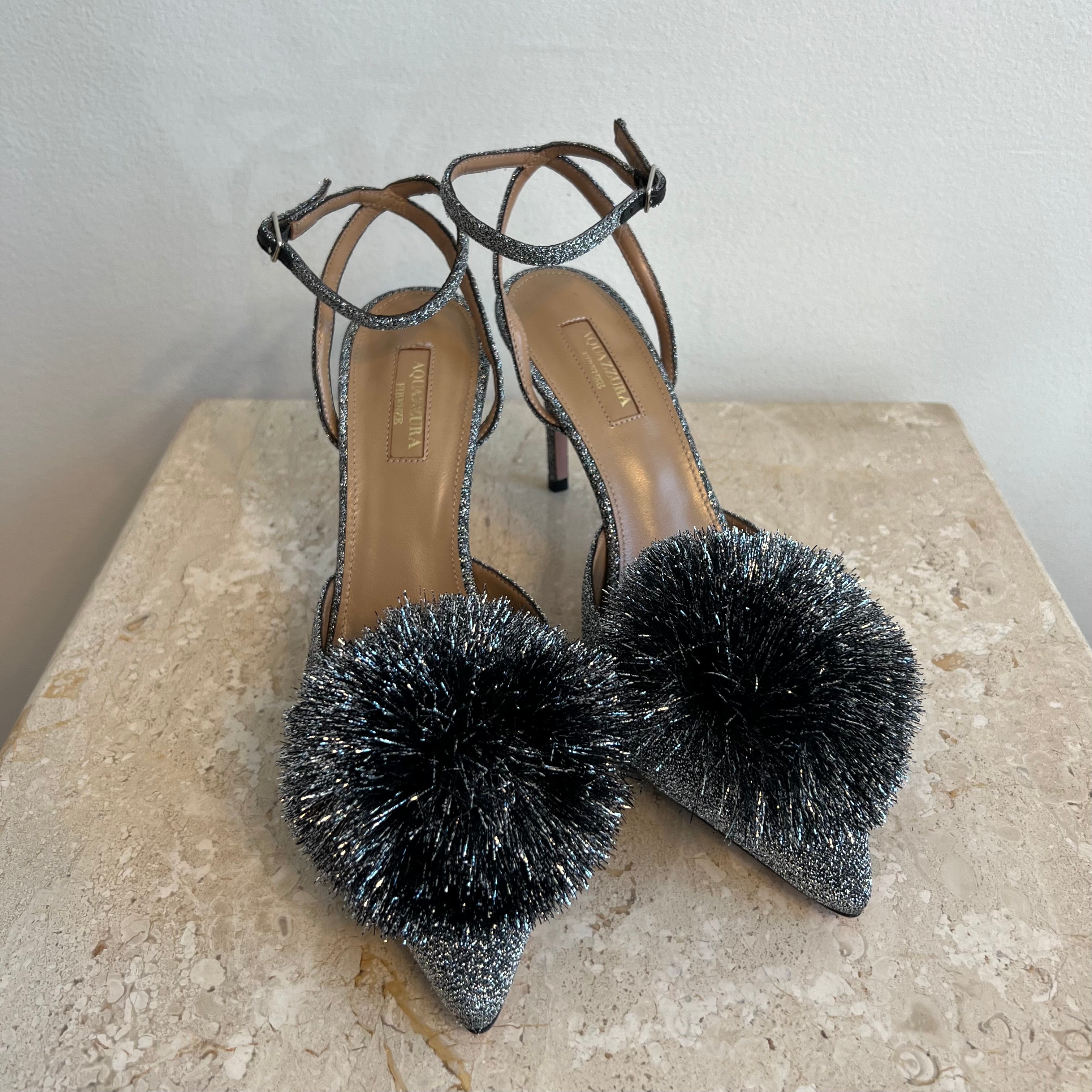 Pre-Owned AQUAZZURA Silver Fabric Sandal Heel - Size 39
