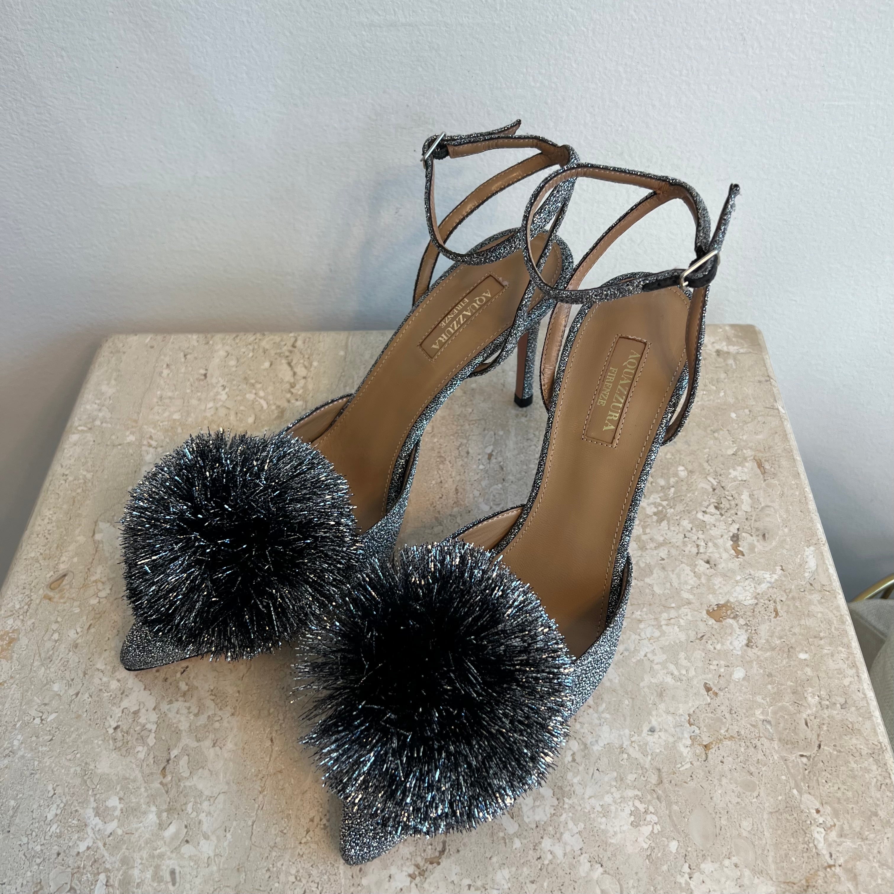 Pre-Owned AQUAZZURA Silver Fabric Sandal Heel - Size 39