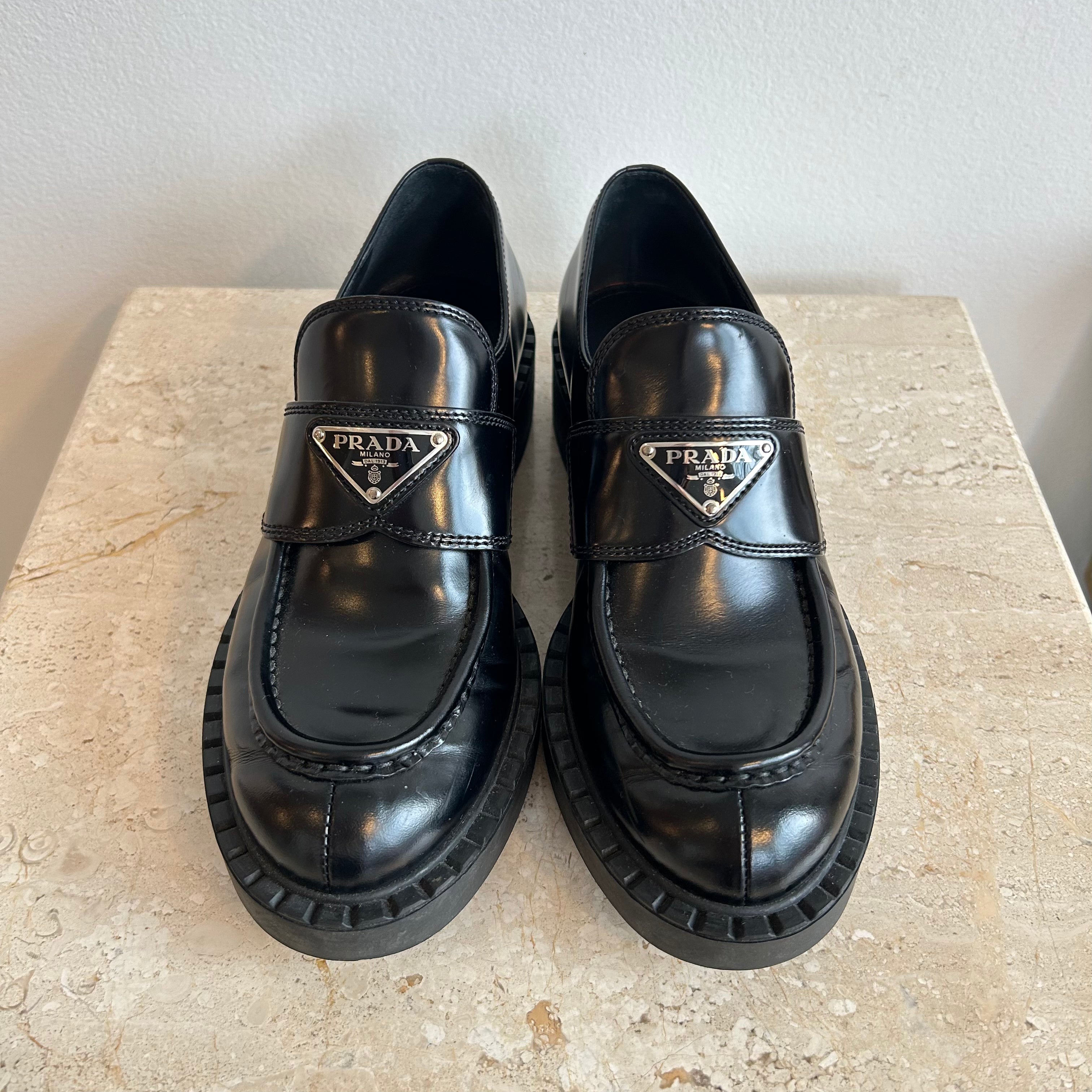 Pre Owned PRADA Brushed Leather Black Loafers Size 36.5 Valamode