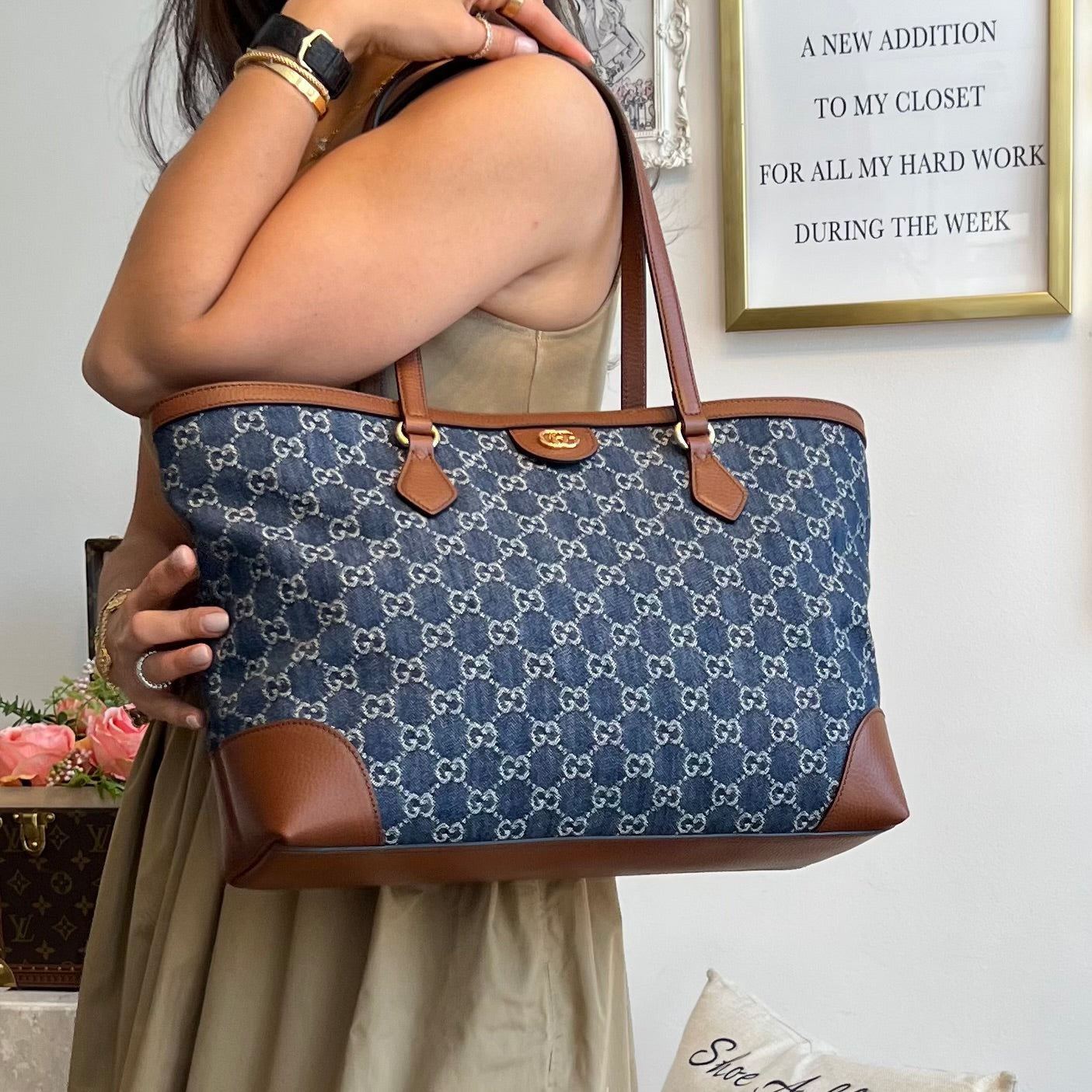 Pre-Owned GUCCI Ophidia GG Jacquard Denim Tote Medium