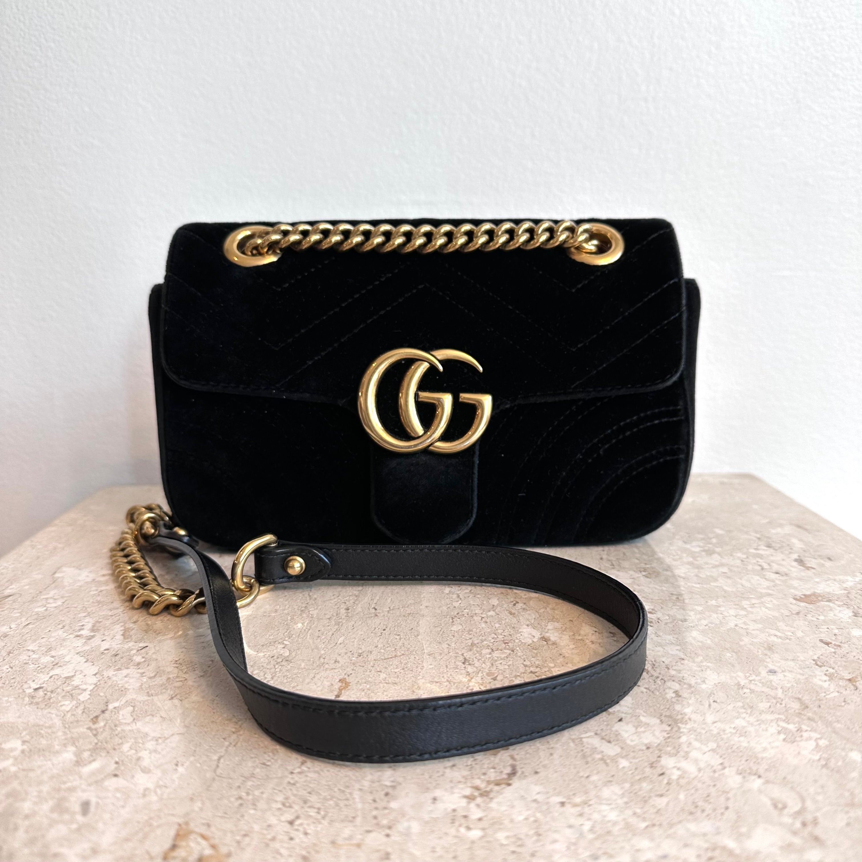 Pre-Owned GUCCI Black Velvet Marmont Mini Shoulder Bag